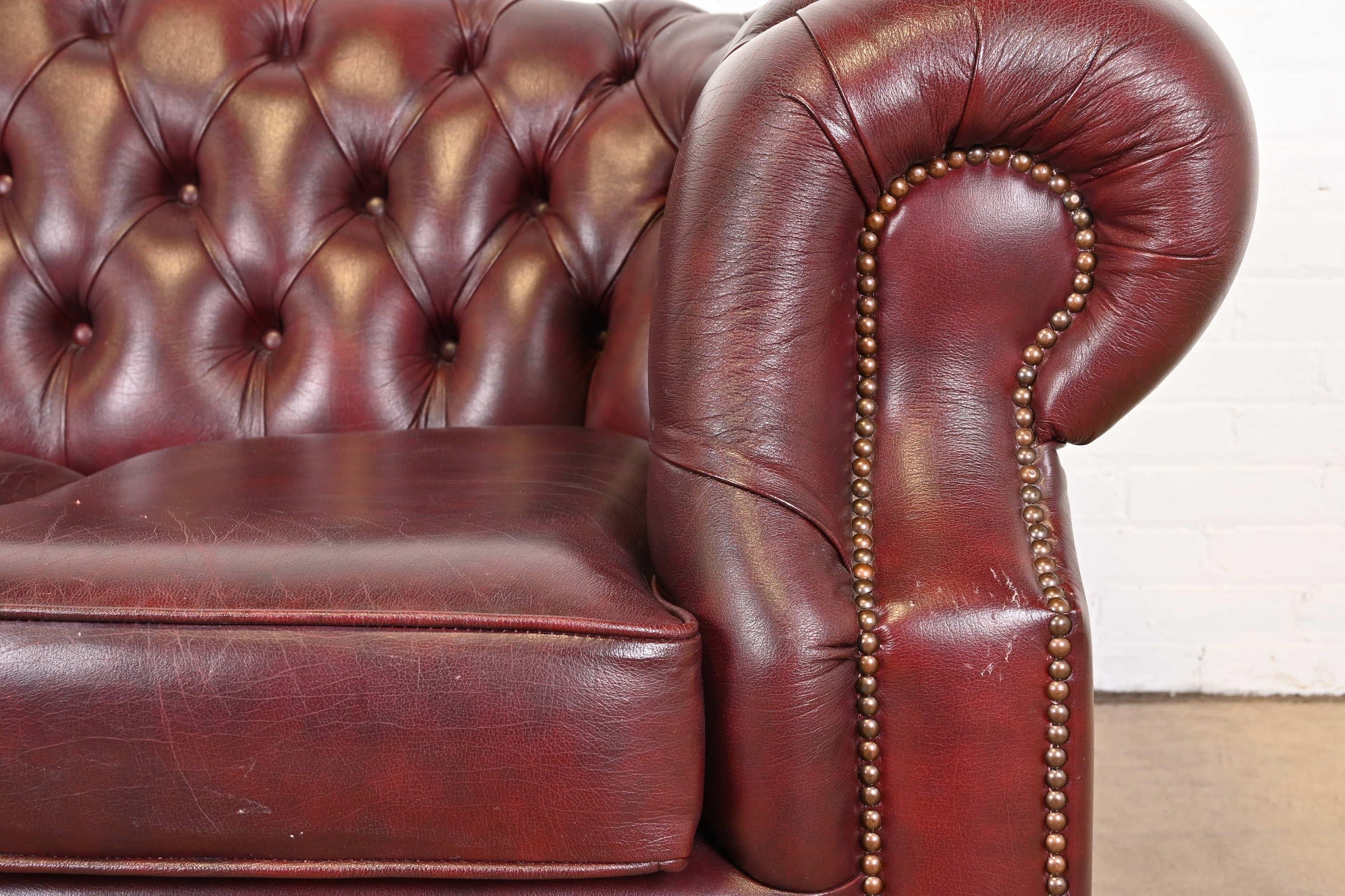 Vintage English Tufted Oxblood Leather Camelback Chesterfield Sofa 2