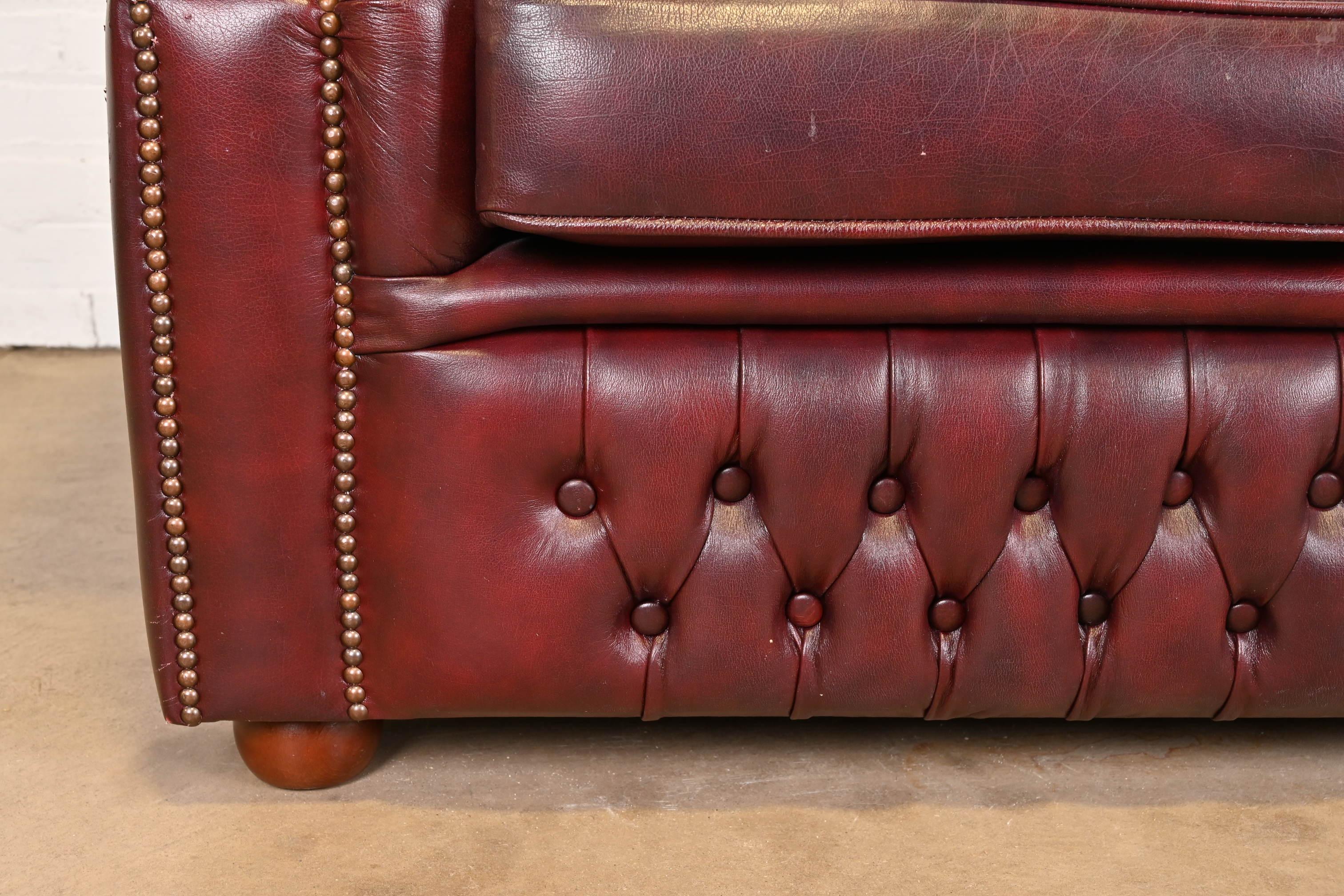 Vintage English Tufted Oxblood Leather Camelback Chesterfield Sofa 3