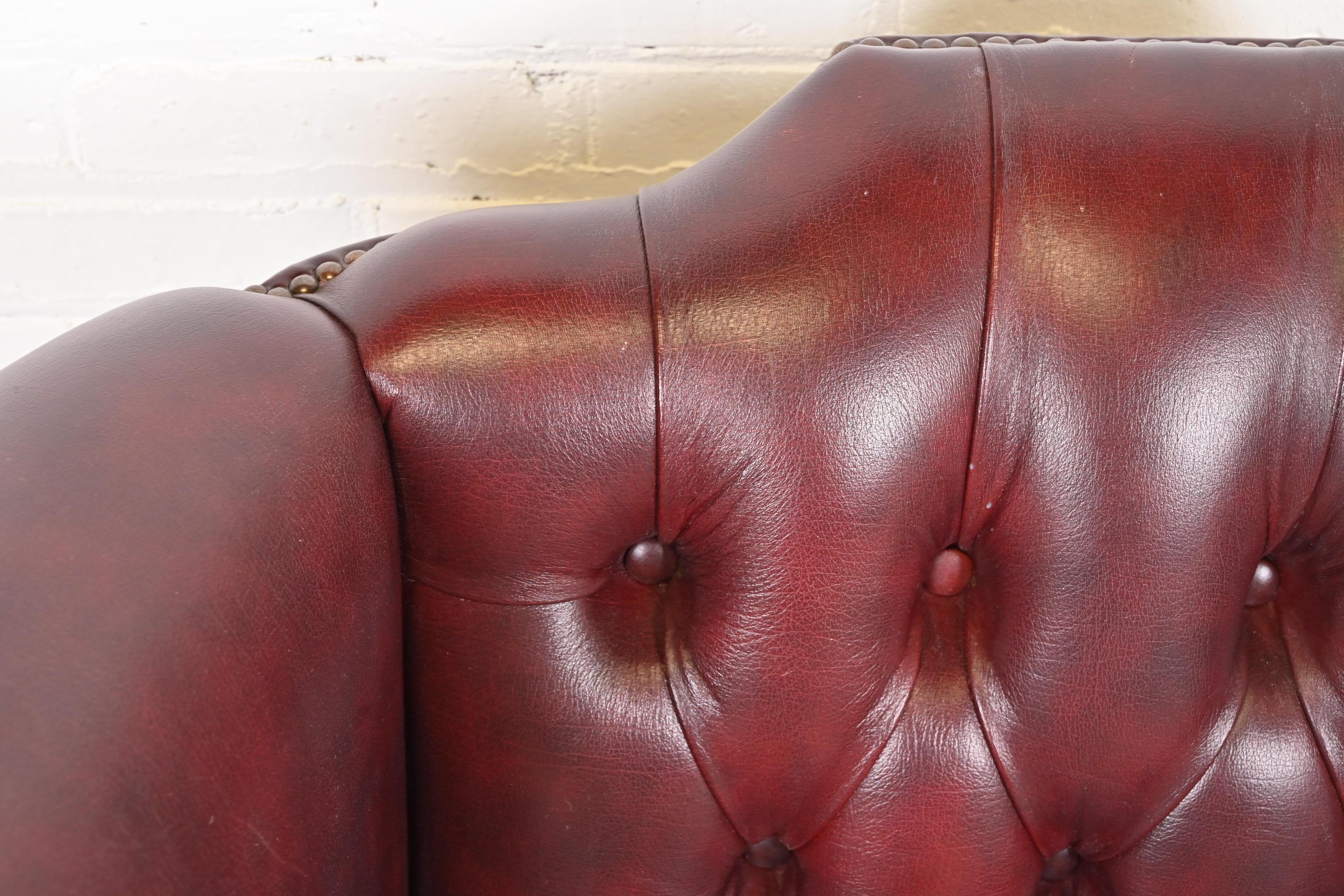 Vintage English Tufted Oxblood Leather Chesterfield Wingback Lounge Chair 4