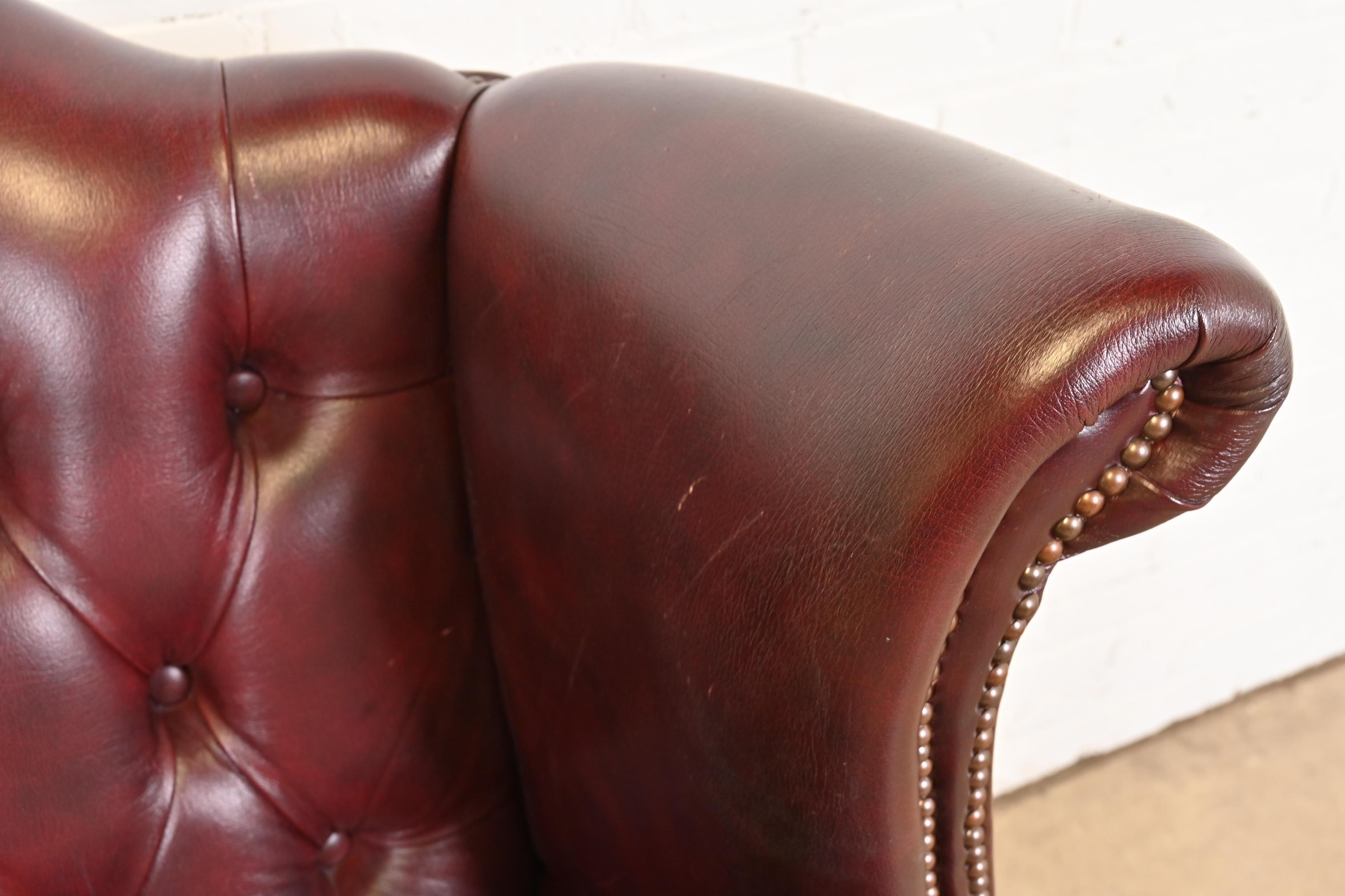 Vintage English Tufted Oxblood Leather Chesterfield Wingback Lounge Chair 5