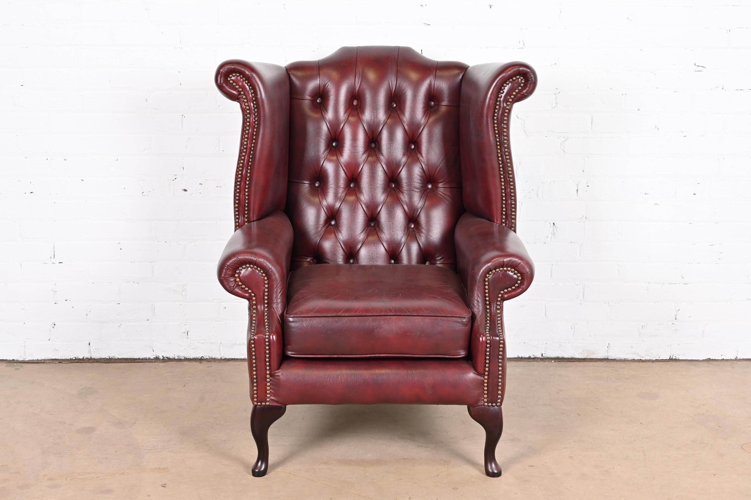 Vintage English Tufted Oxblood Leather Chesterfield Wingback Lounge ...