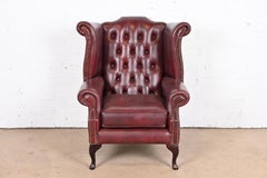 Vintage English Tufted Oxblood Leather Chesterfield Wingback Lounge Chair