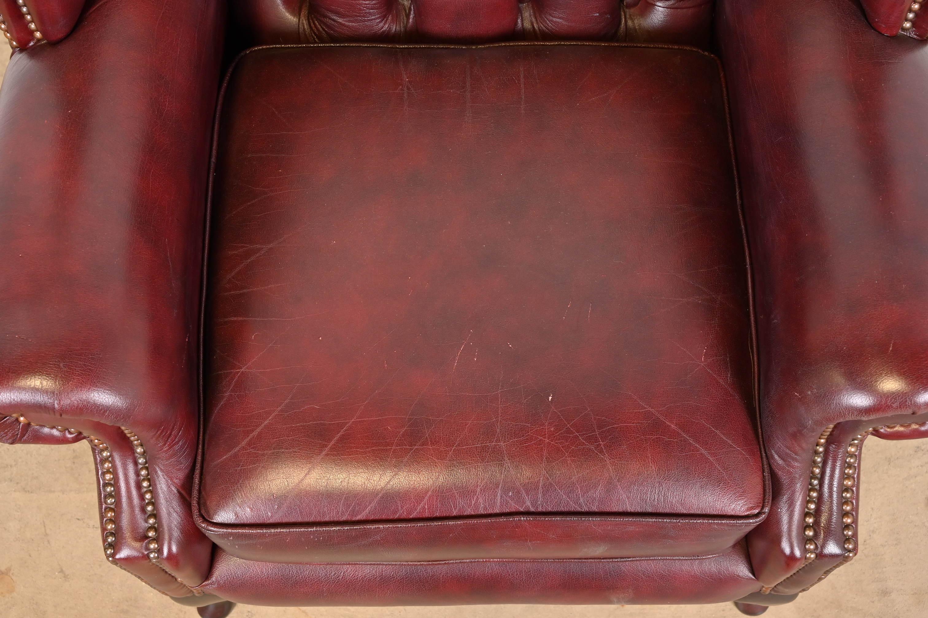 Vintage English Tufted Oxblood Leather Chesterfield Wingback Lounge Chair 1