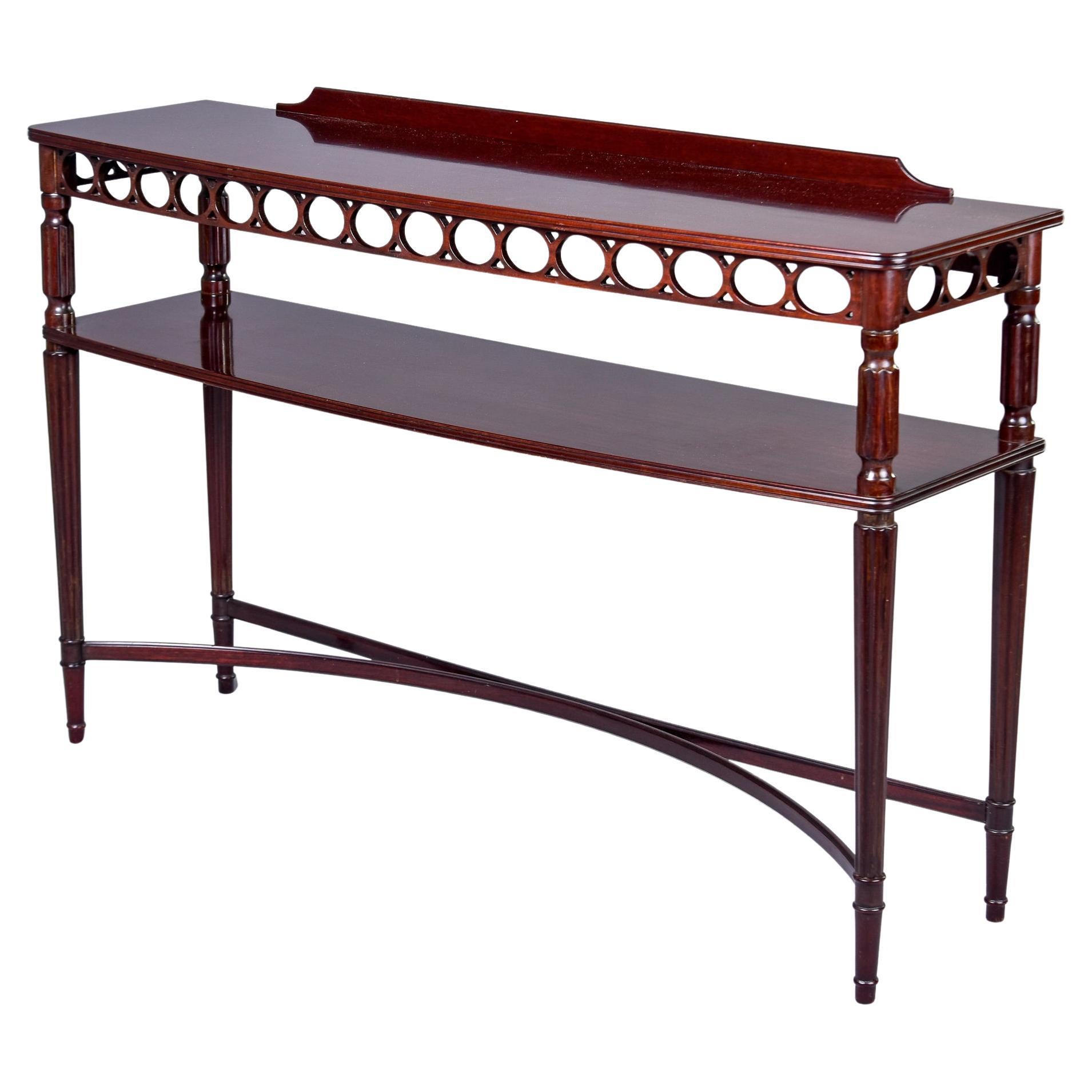 Vintage English Two Tier Mahogany Console with Open Work Apron For Sale