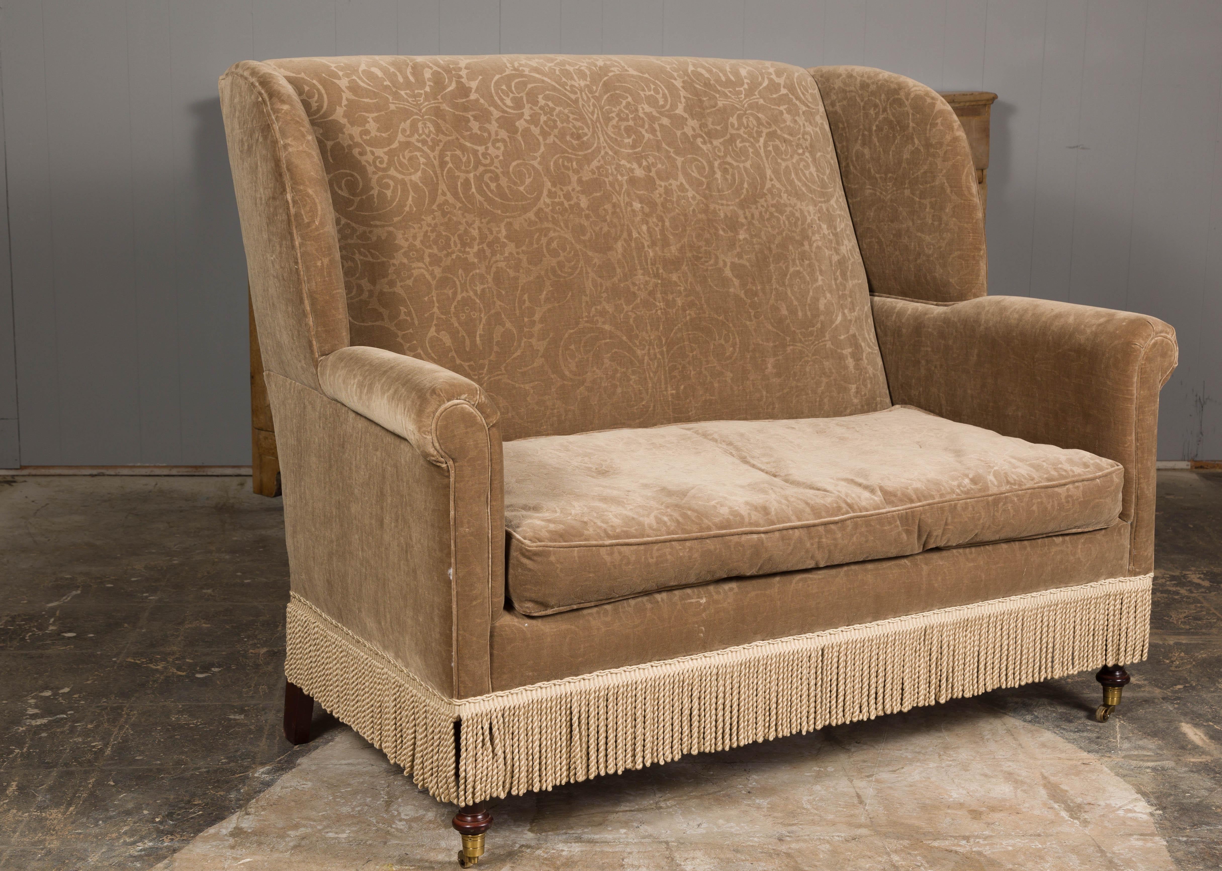 Vintage English Upholstered Loveseat with Out-Scrolling Arms and Casters For Sale 3