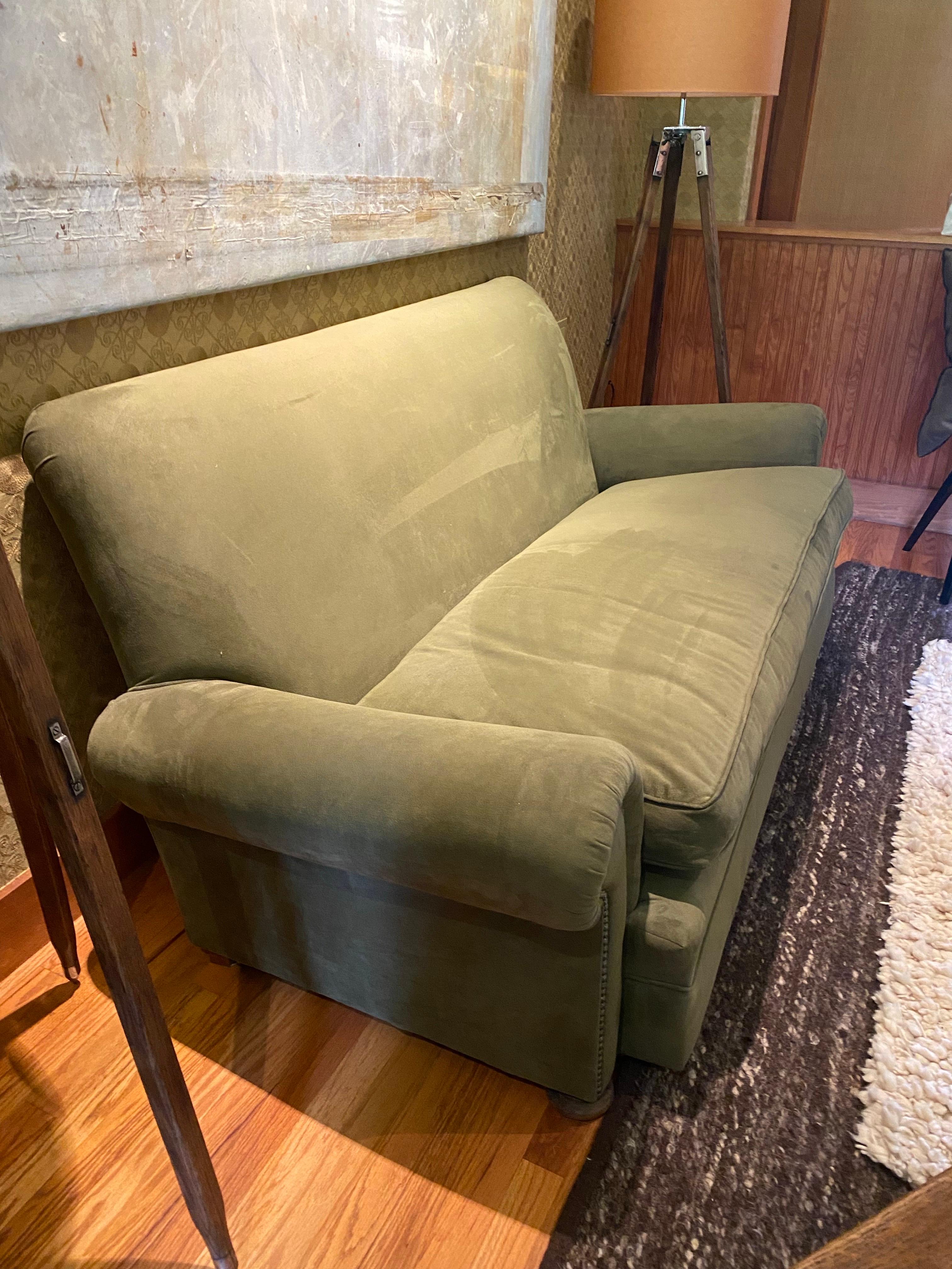 Vintage English Upholstered Roll Arm Sofa in Green Ultra Suede For Sale 5