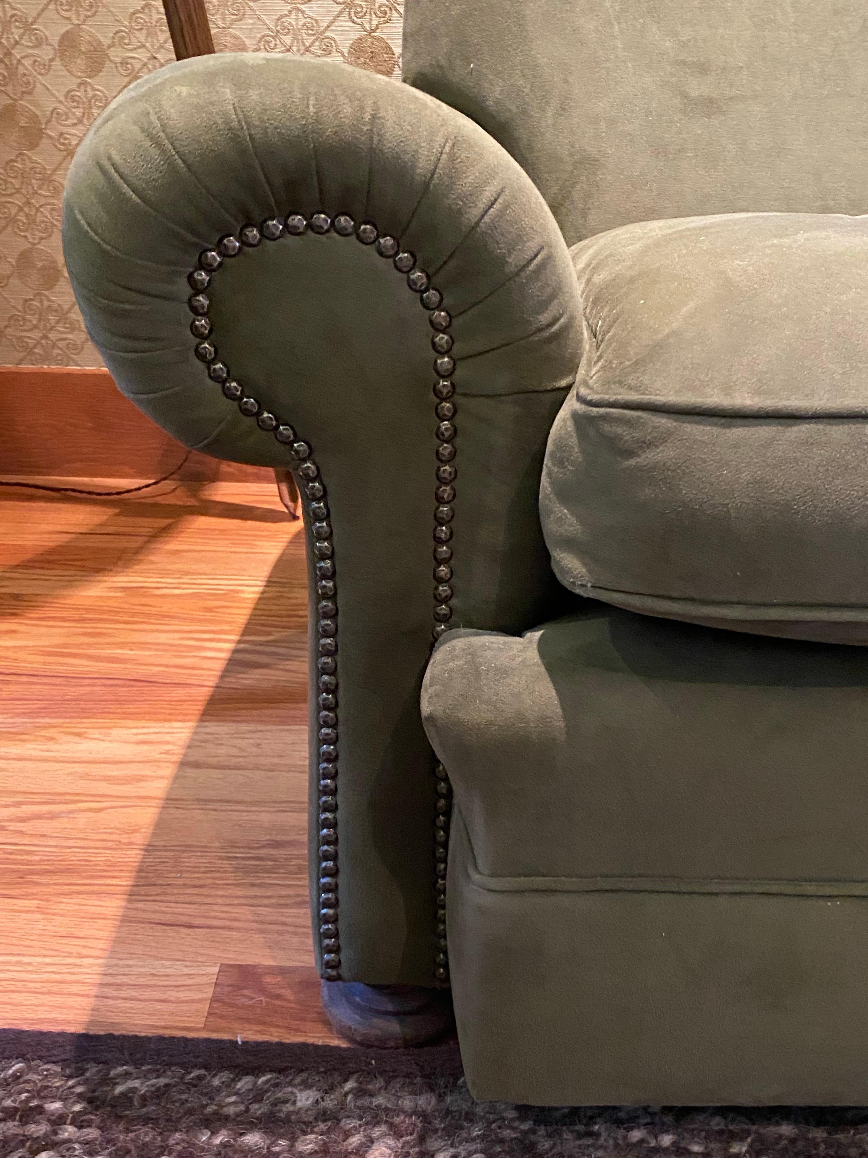 Vintage English Upholstered Roll Arm Sofa in Green Ultra Suede For Sale 8