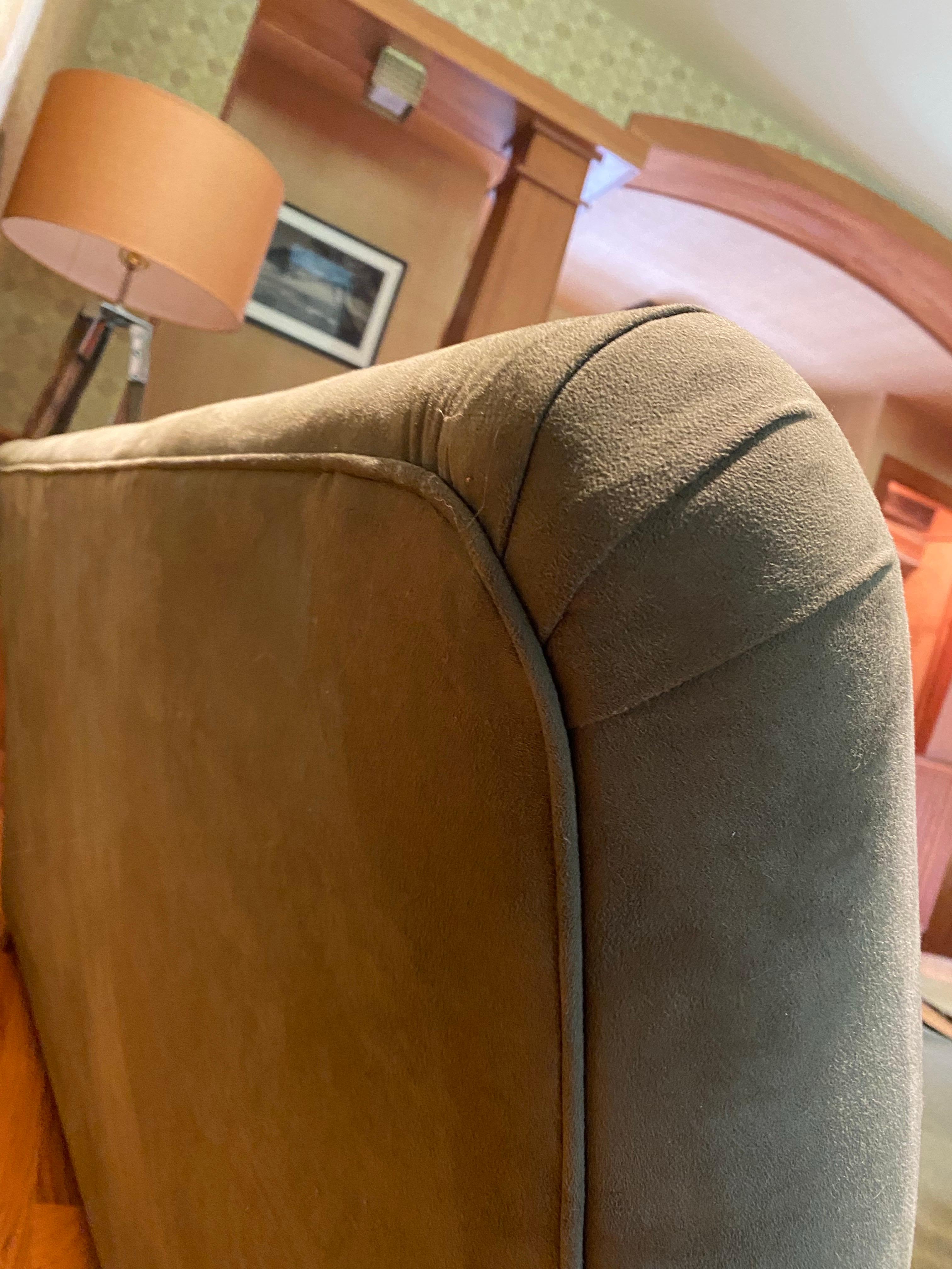 Vintage English Upholstered Roll Arm Sofa in Green Ultra Suede For Sale 9