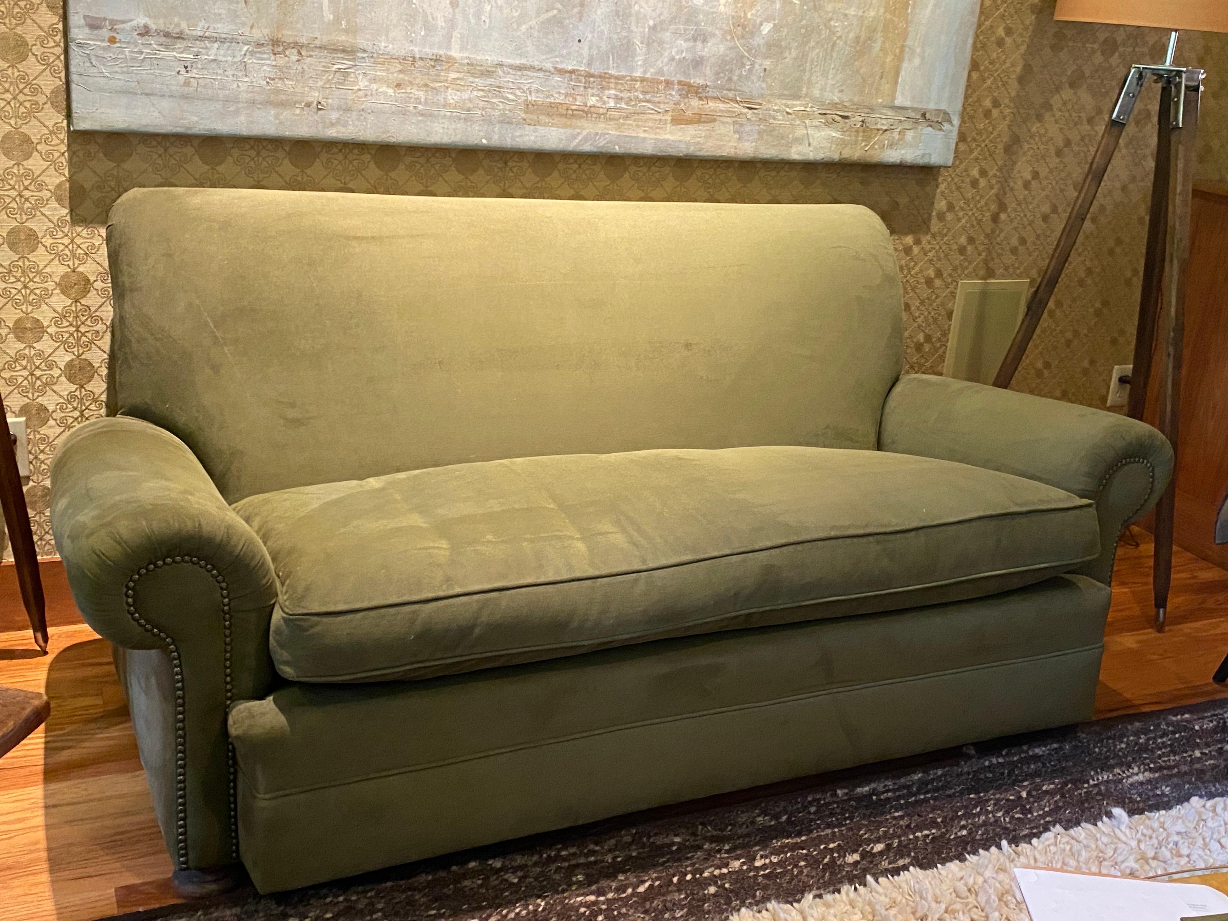 Vintage English Upholstered Roll Arm Sofa in Green Ultra Suede In Good Condition For Sale In Southampton, NY