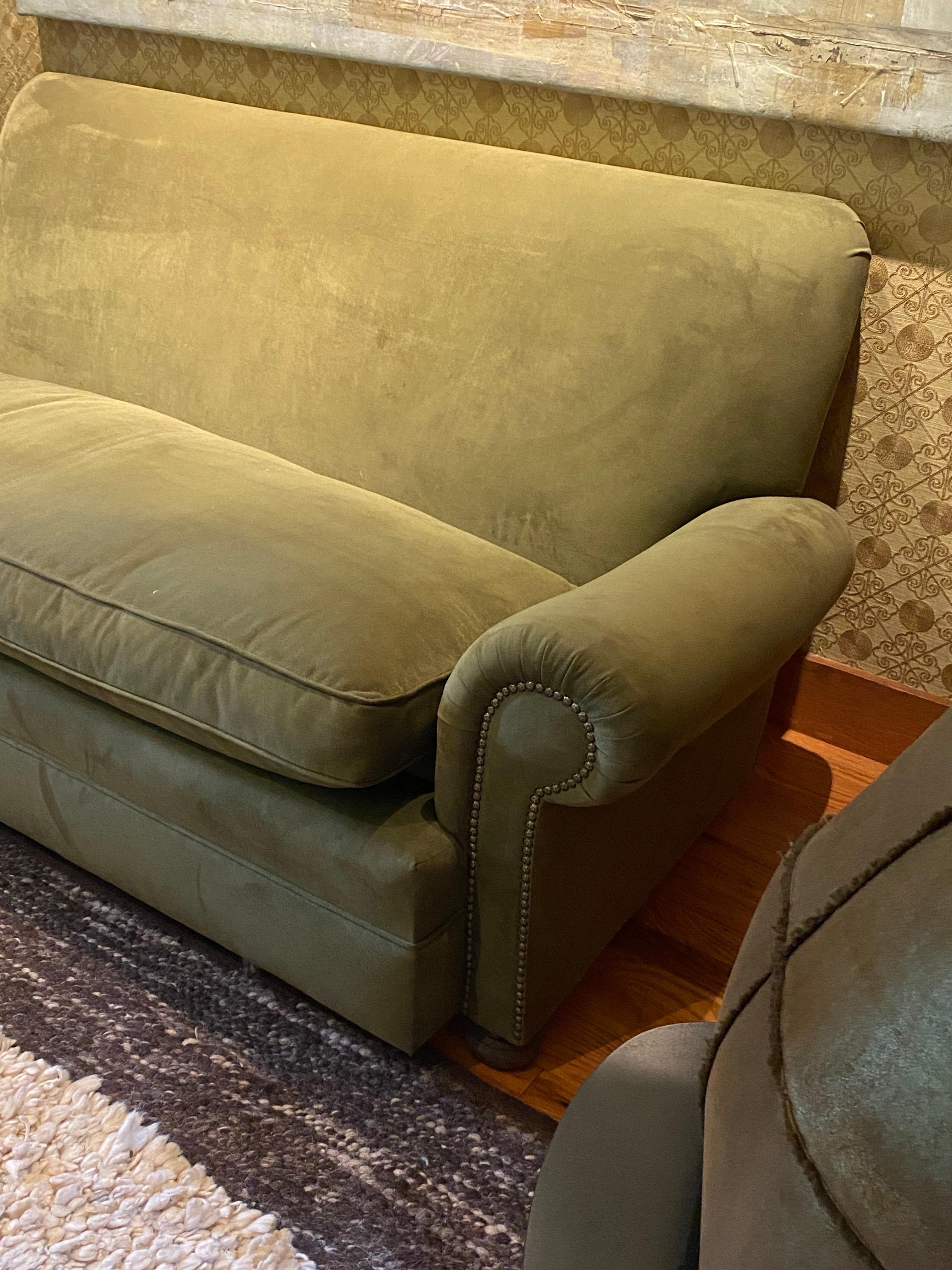 20th Century Vintage English Upholstered Roll Arm Sofa in Green Ultra Suede For Sale