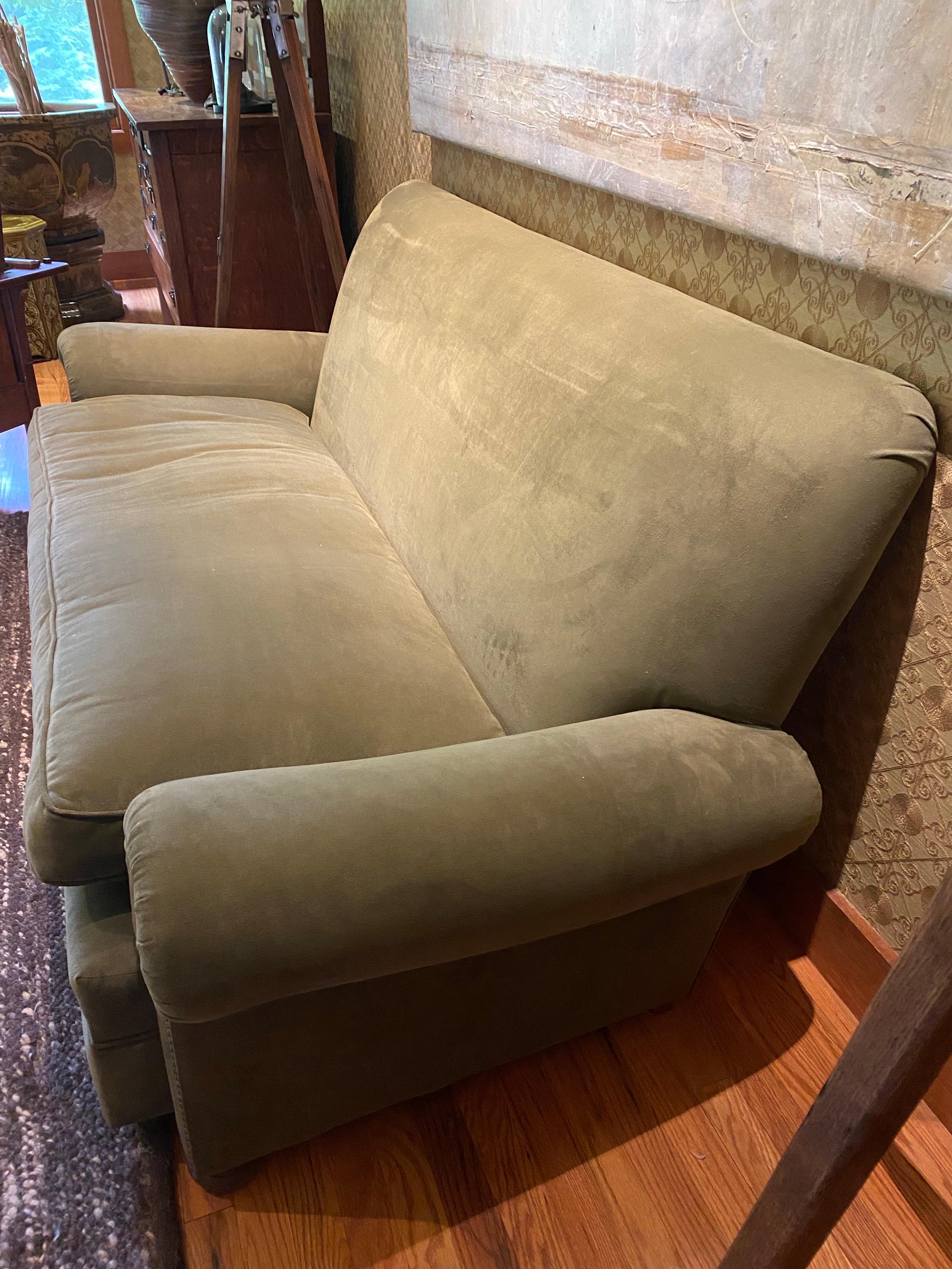Ultrasuede Vintage English Upholstered Roll Arm Sofa in Green Ultra Suede For Sale