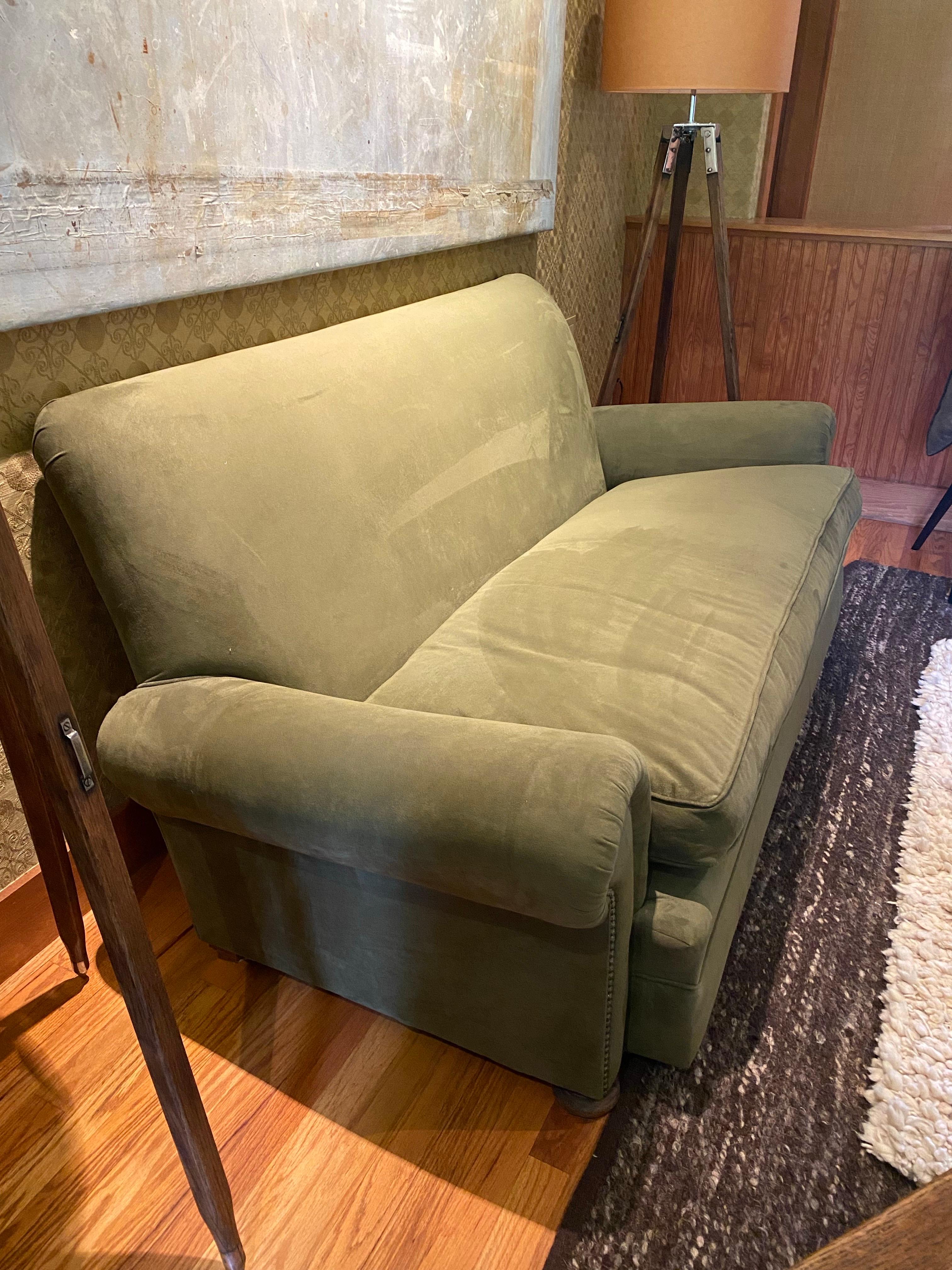 Vintage English Upholstered Roll Arm Sofa in Green Ultra Suede For Sale 1
