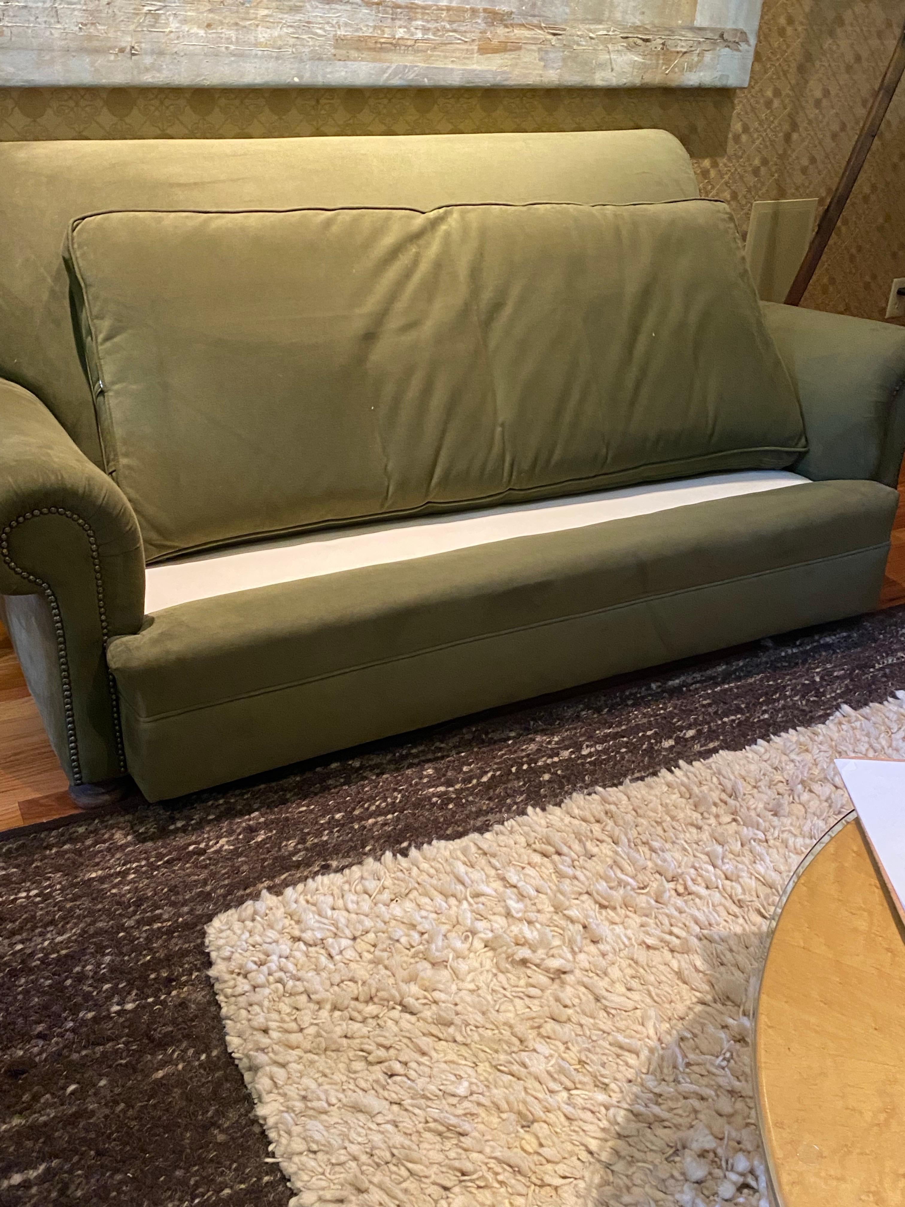 Vintage English Upholstered Roll Arm Sofa in Green Ultra Suede For Sale 2