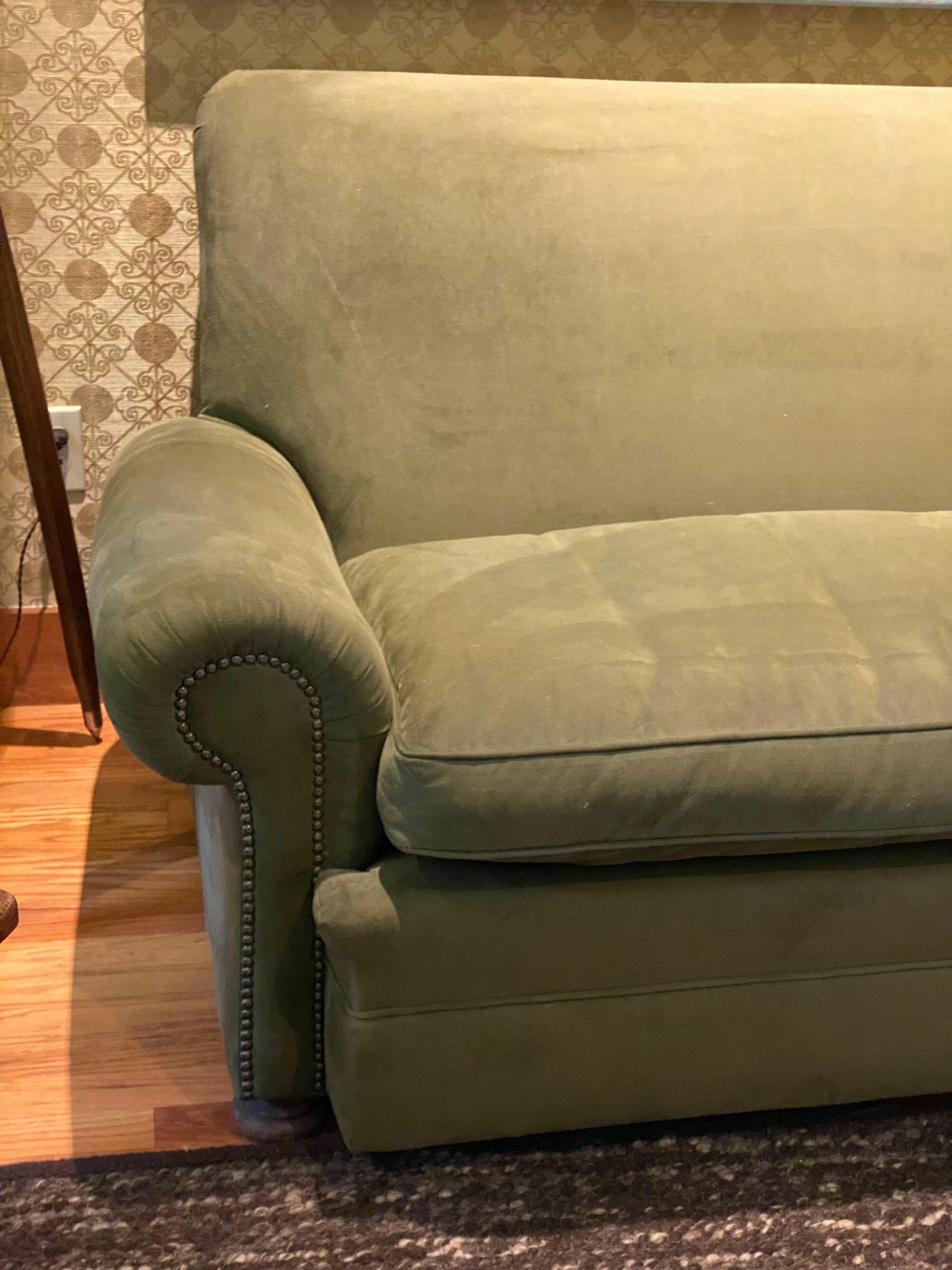 Vintage English Upholstered Roll Arm Sofa in Green Ultra Suede For Sale 3