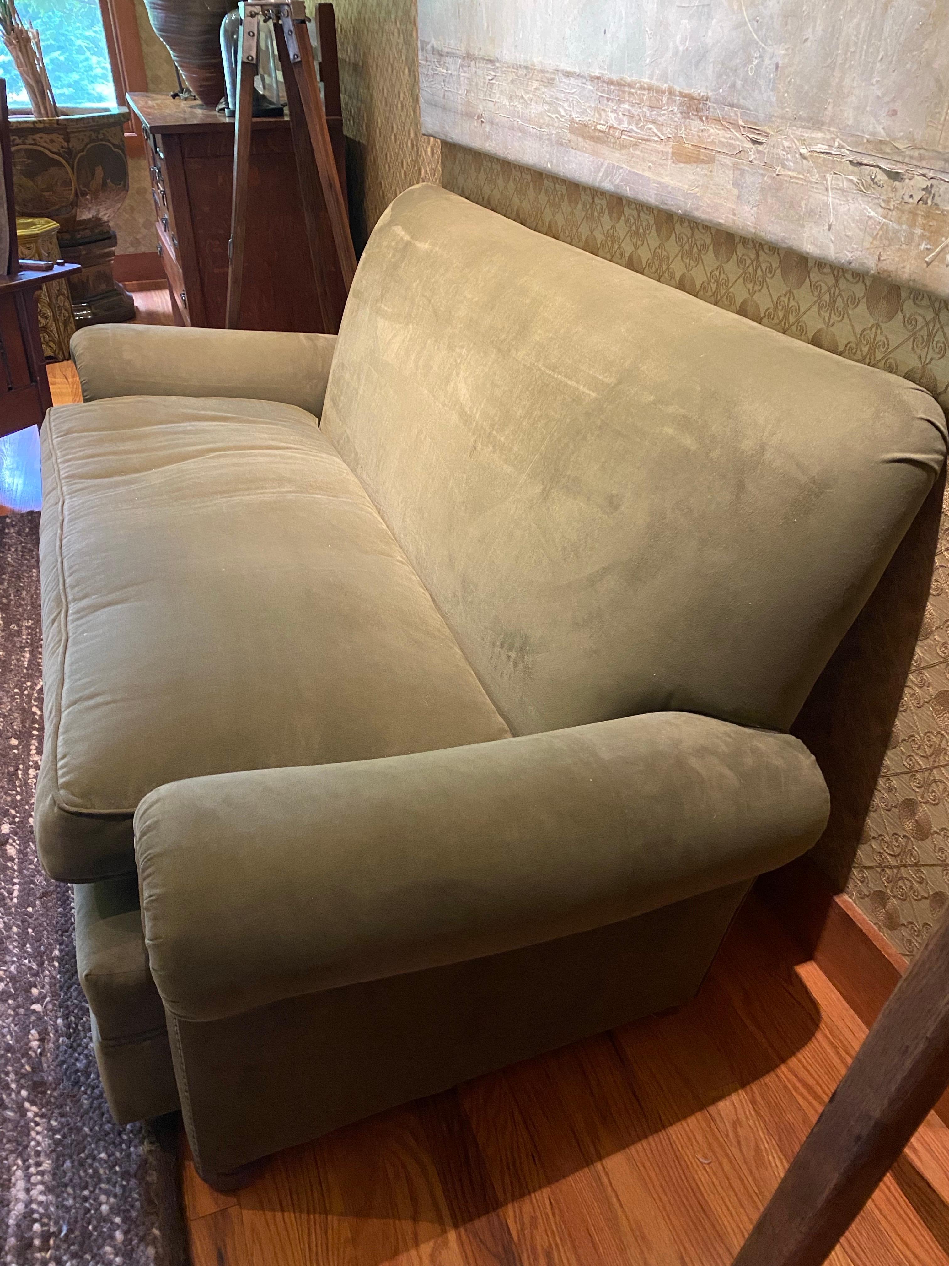 Vintage English Upholstered Roll Arm Sofa in Green Ultra Suede For Sale 4