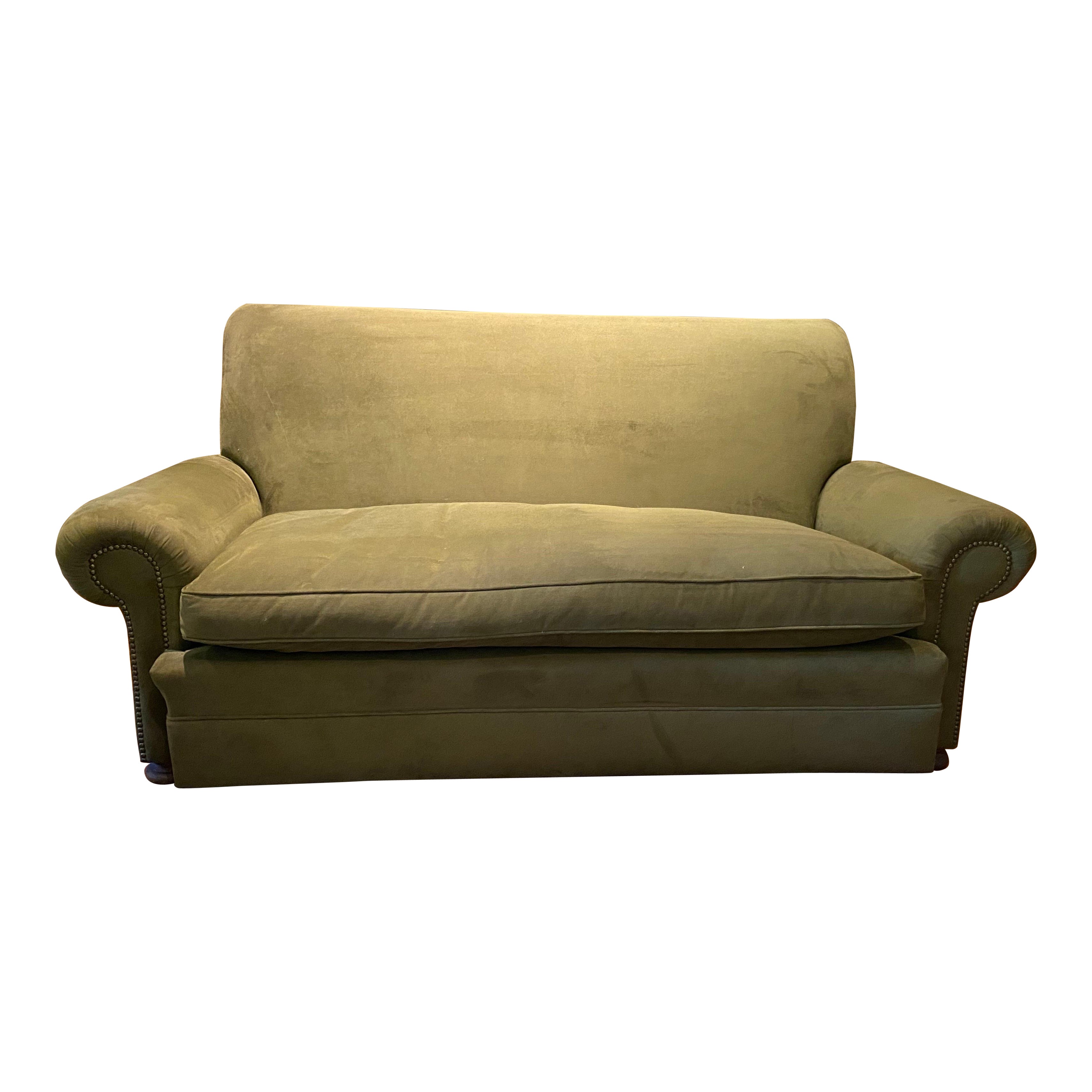 Vintage English Upholstered Roll Arm Sofa in Green Ultra Suede For Sale