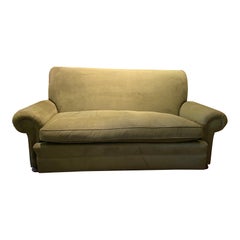 Vintage English Upholstered Roll Arm Sofa in Green Ultra Suede