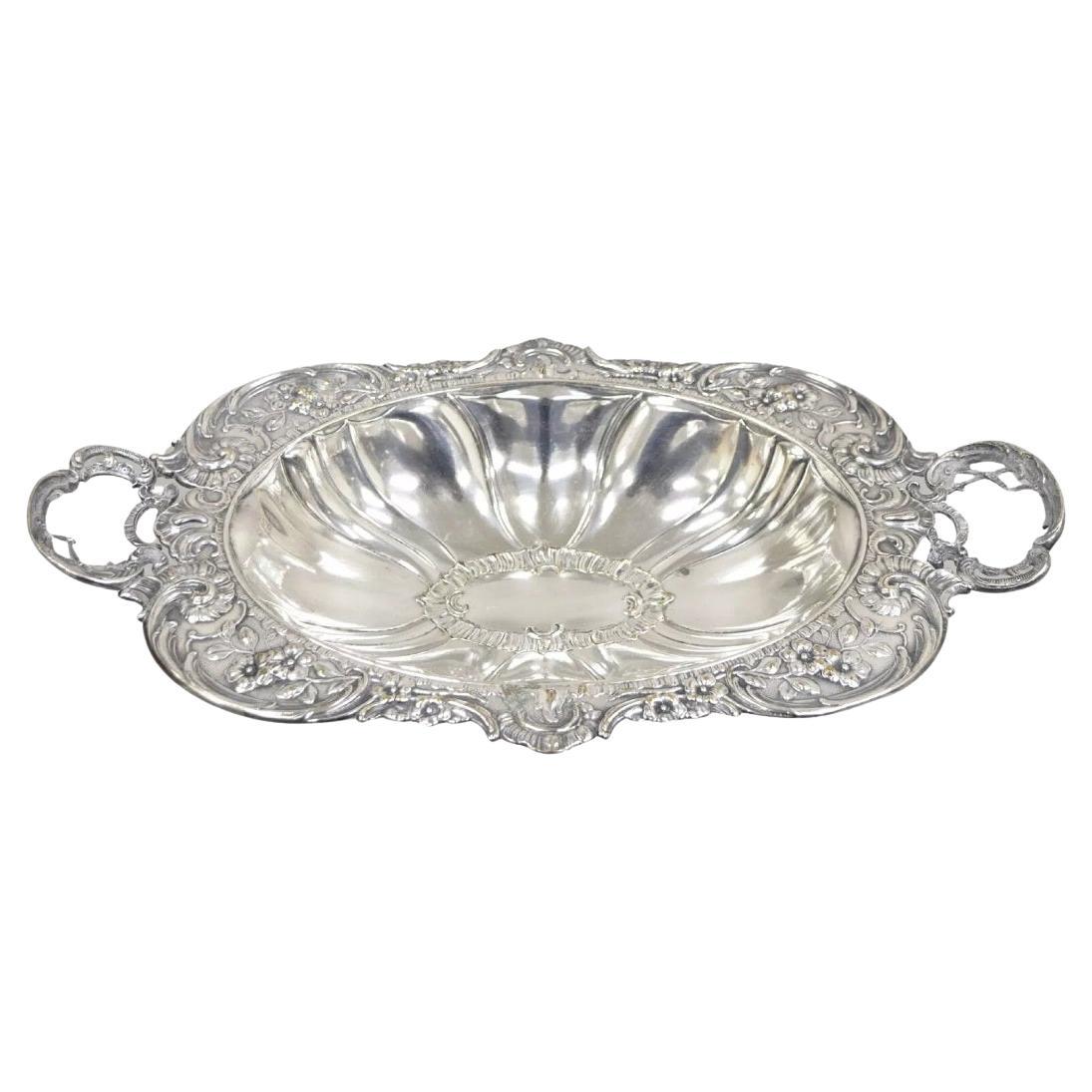 Plato de pie con asa doble ornamentada, vintage, inglés, victoriano y floral repoussé