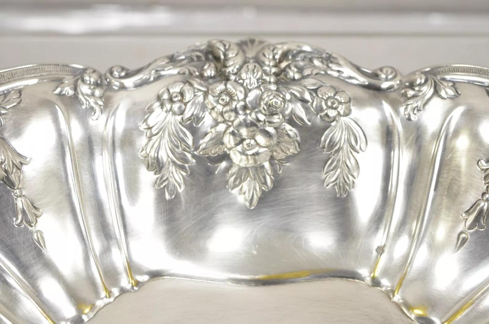 Vintage English Victorian Flower Rose Repousse Silver Plated Footed Oval Dish For Sale 7