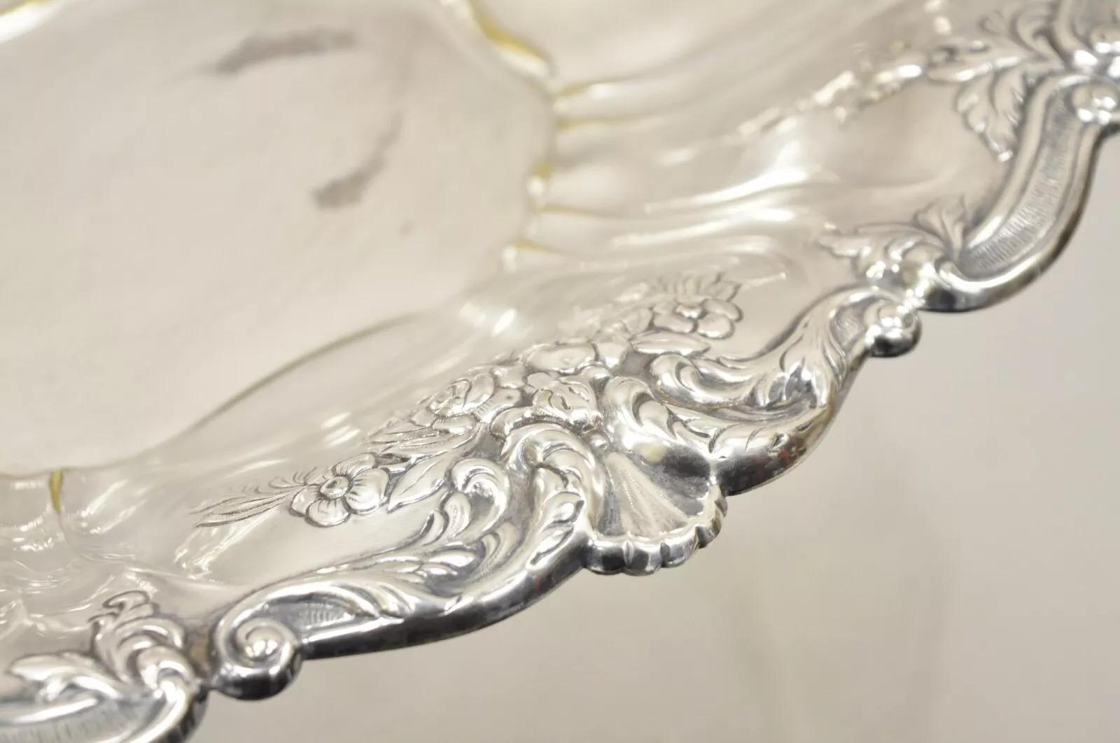 Vintage English Victorian Flower Rose Repousse Silver Plated Footed Oval Dish For Sale 1