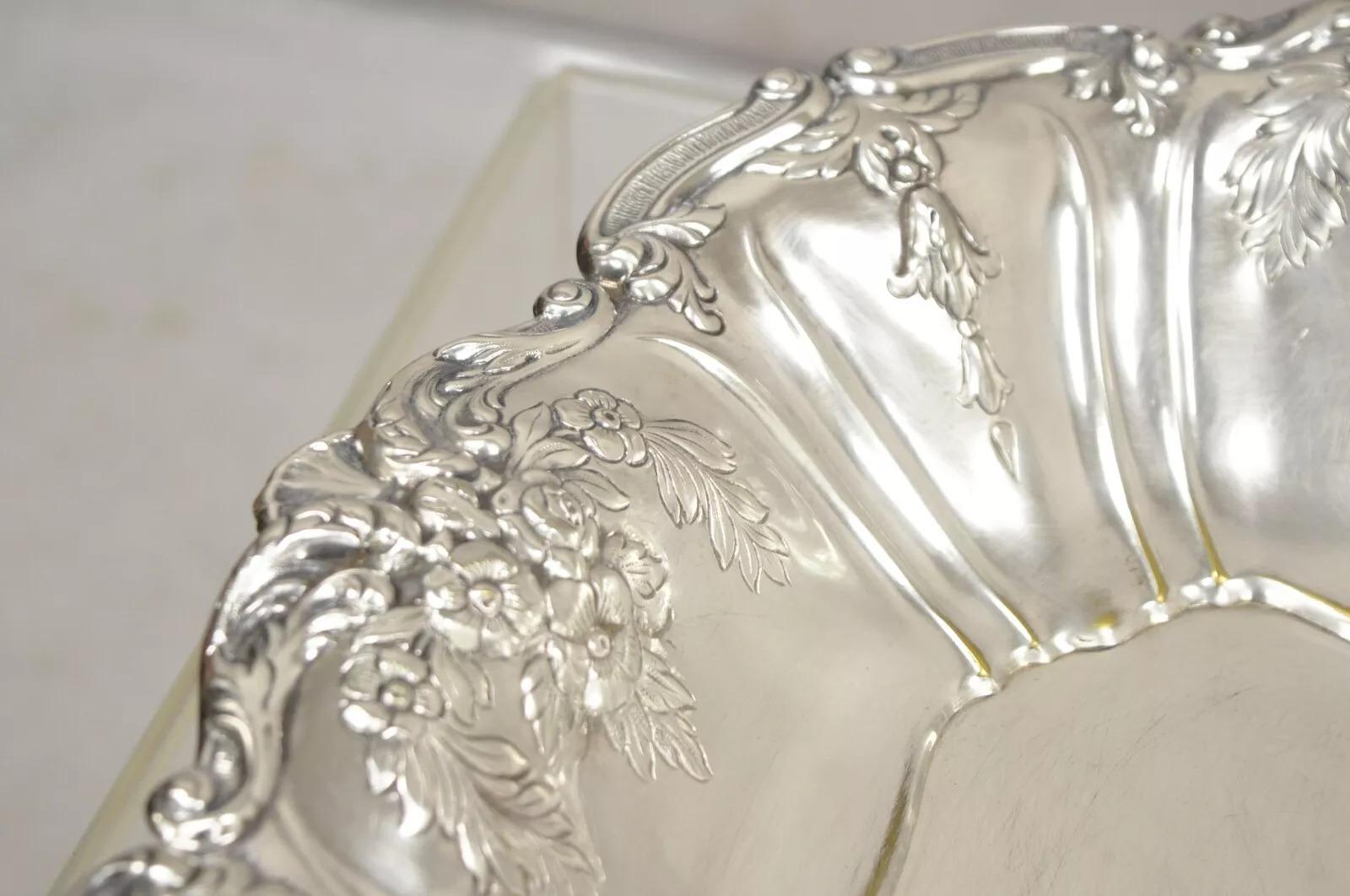 Vintage English Victorian Flower Rose Repousse Silver Plated Footed Oval Dish For Sale 3