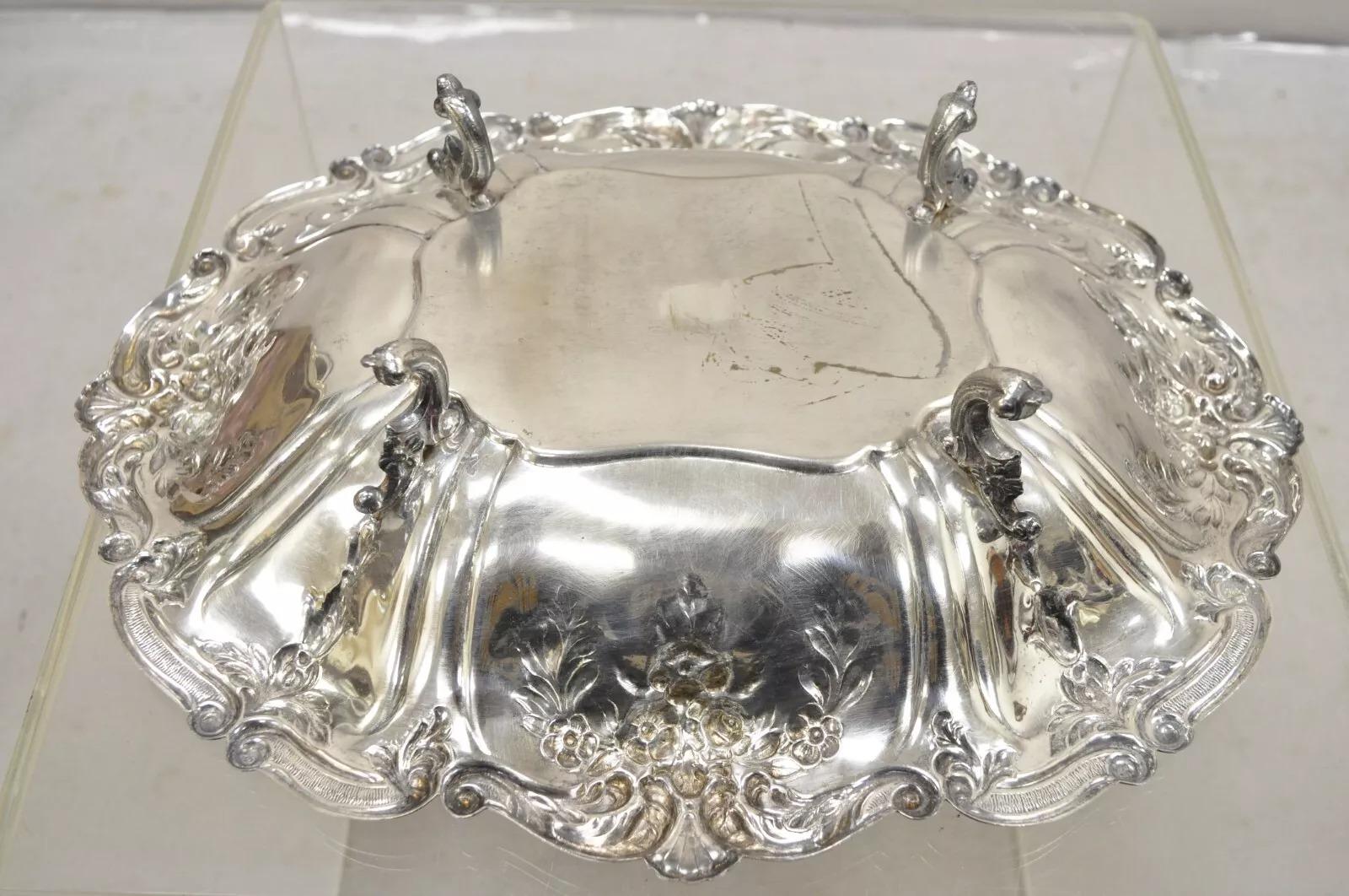 Vintage English Victorian Flower Rose Repousse Silver Plated Footed Oval Dish For Sale 4