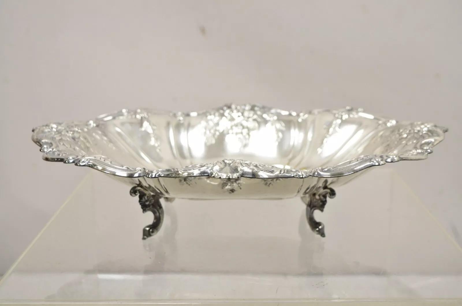 Vintage English Victorian Flower Rose Repousse Silver Plated Footed Oval Dish For Sale 5