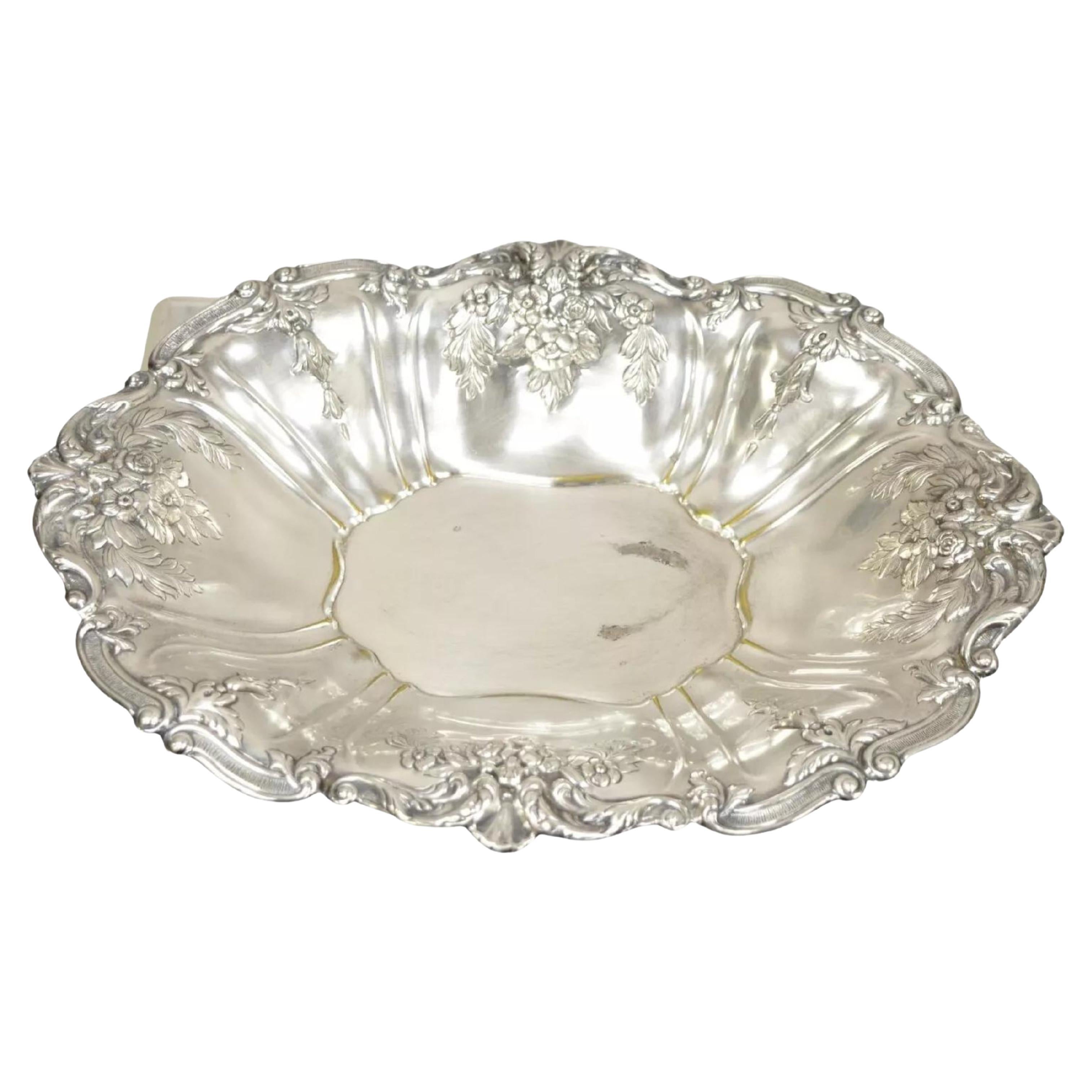 Vintage English Victorian Flower Rose Repousse Silver Plated Footed Oval Dish For Sale