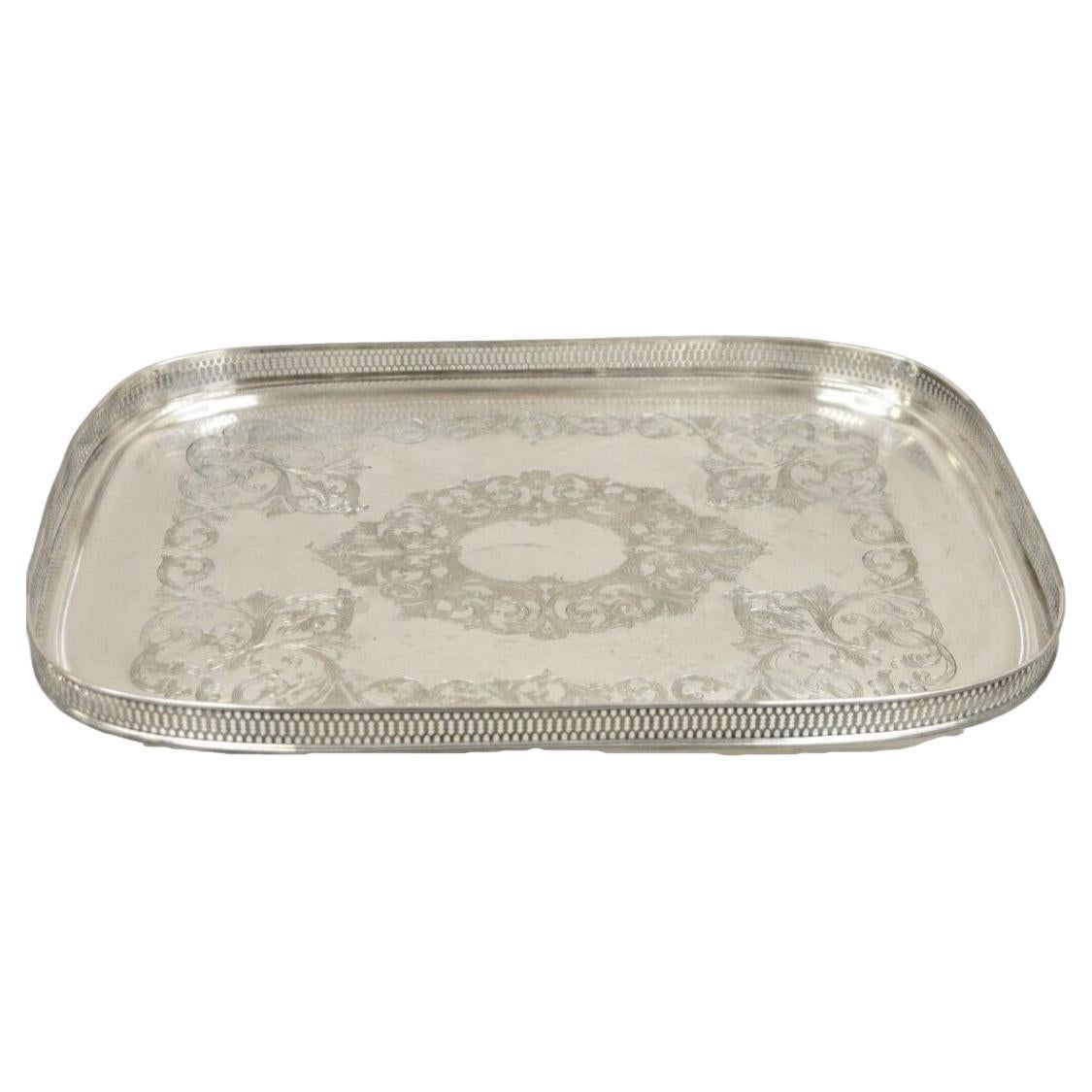 Vintage English Victorian LBS CO Superfine Silver Plated Tray with Gallery For Sale