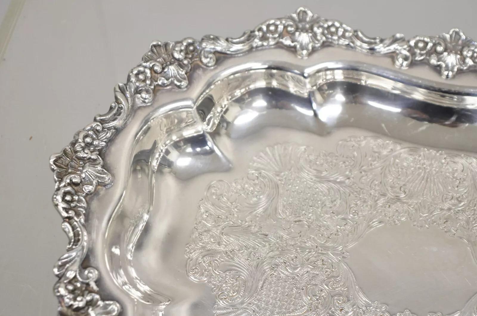 Vintage Englisch viktorianischen Oval versilbert verzierten Scalloped Trinket Dish Tablett (20. Jahrhundert) im Angebot