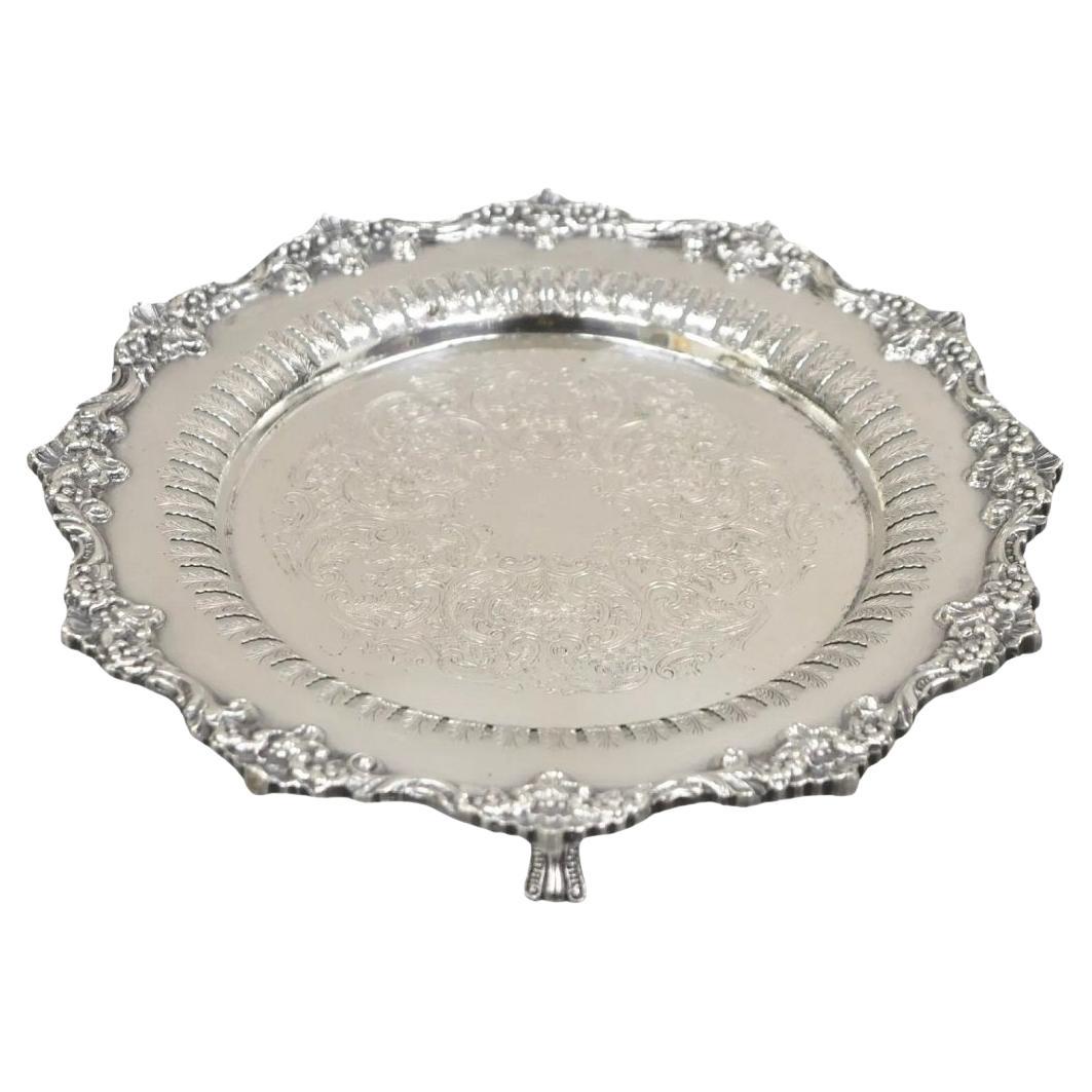 Vintage English Victorian Reticulated Silver Plated Round Footed Serving Tray