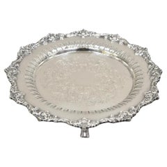 Vintage English Victorian Reticulated Silver Plated Round Footed Serving Tray