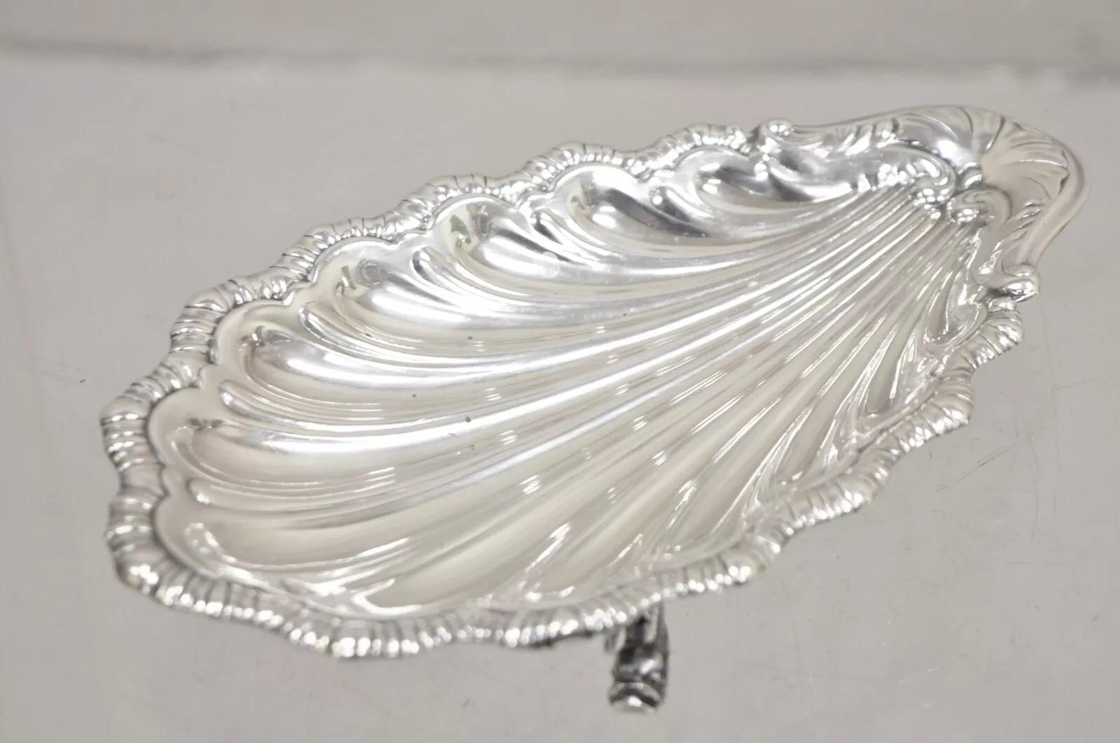 Vintage English Victorian Silver Plated Clam Shell Trinket Dish On Dolphin Feet en venta 3