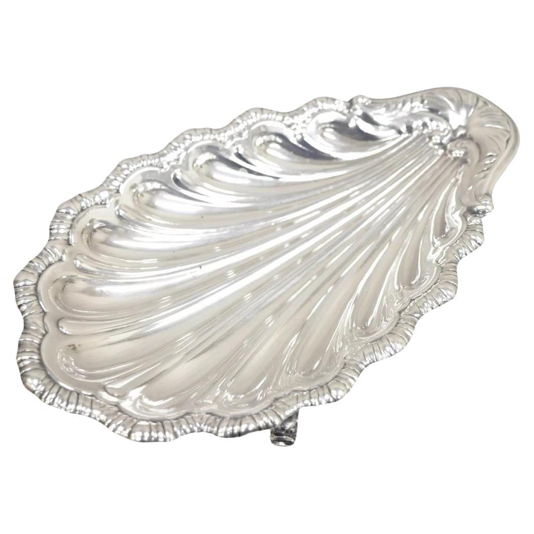 Vintage English Victorian Silver Plated Clam Shell Trinket Dish On Dolphin Feet en venta