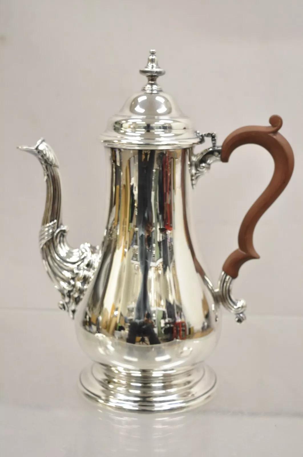 Vintage English Victorian Silver Plated Coffee Pot Tea Pot w/ Wooden Handle For Sale 6