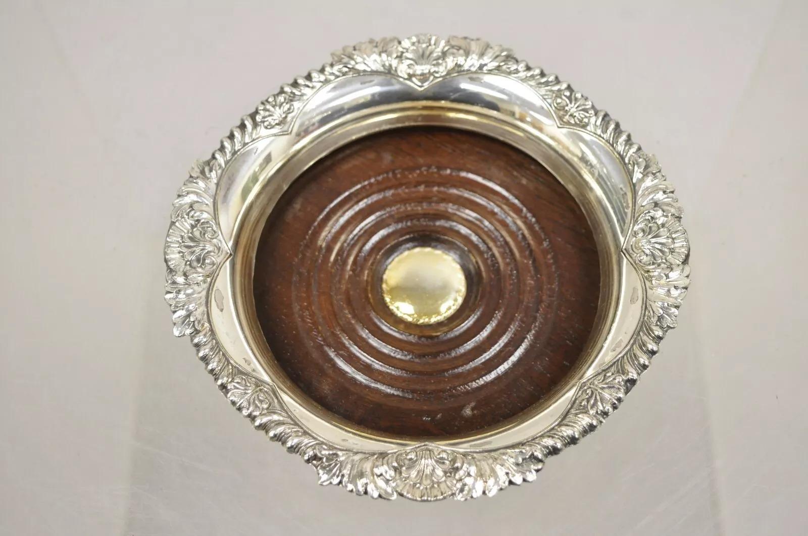 Vintage English Victorian Silver Plated Copper Mahogany Wine Bottle Coaster For Sale 6
