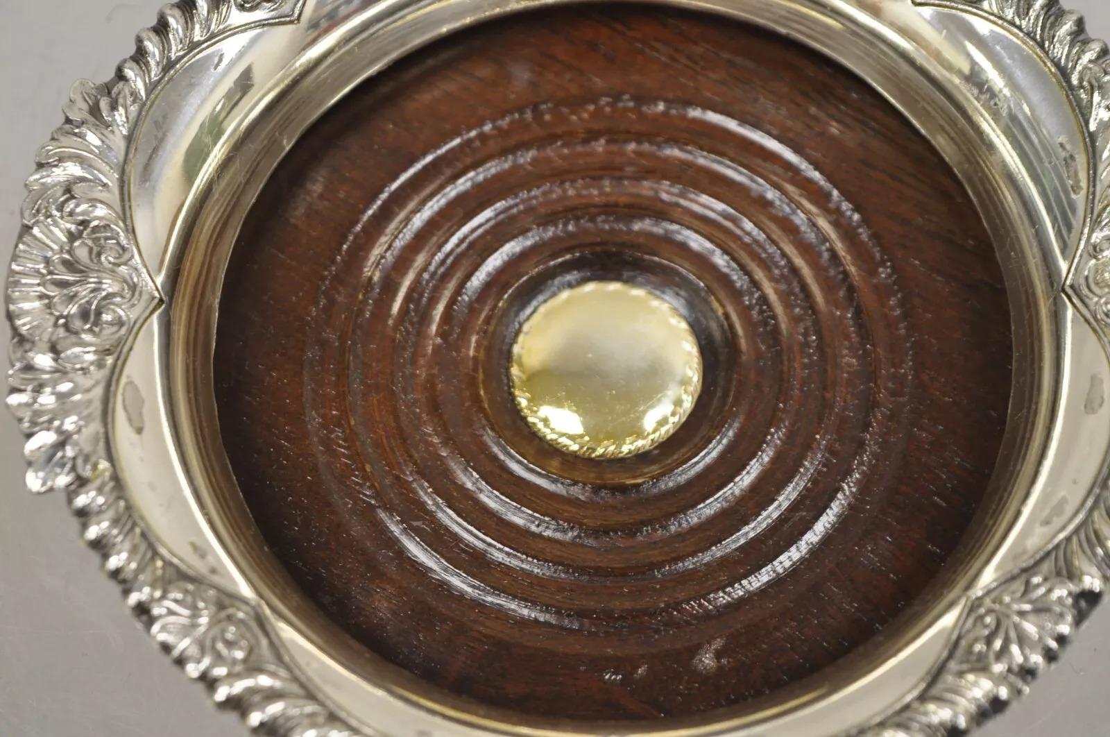 Unknown Vintage English Victorian Silver Plated Copper Mahogany Wine Bottle Coaster For Sale