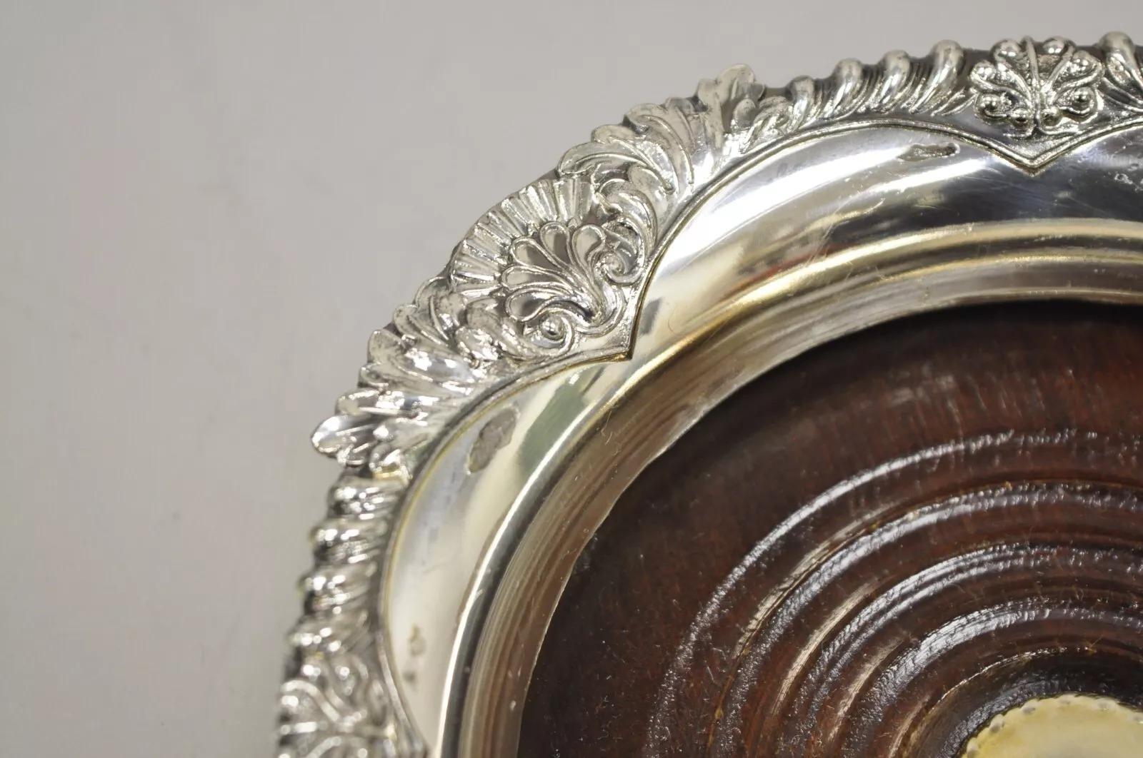 Vintage English Victorian Silver Plated Copper Mahogany Wine Bottle Coaster In Good Condition For Sale In Philadelphia, PA