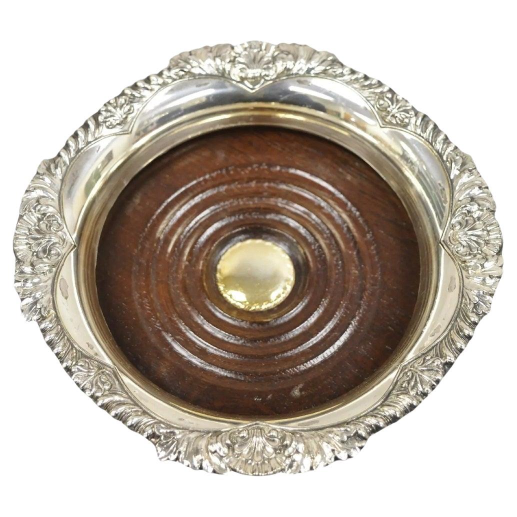 Posavasos vintage inglés victoriano de cobre plateado y caoba para botellas de vino