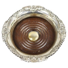 Vintage English Victorian Silver Plated Copper Mahogany Wine Bottle Coaster