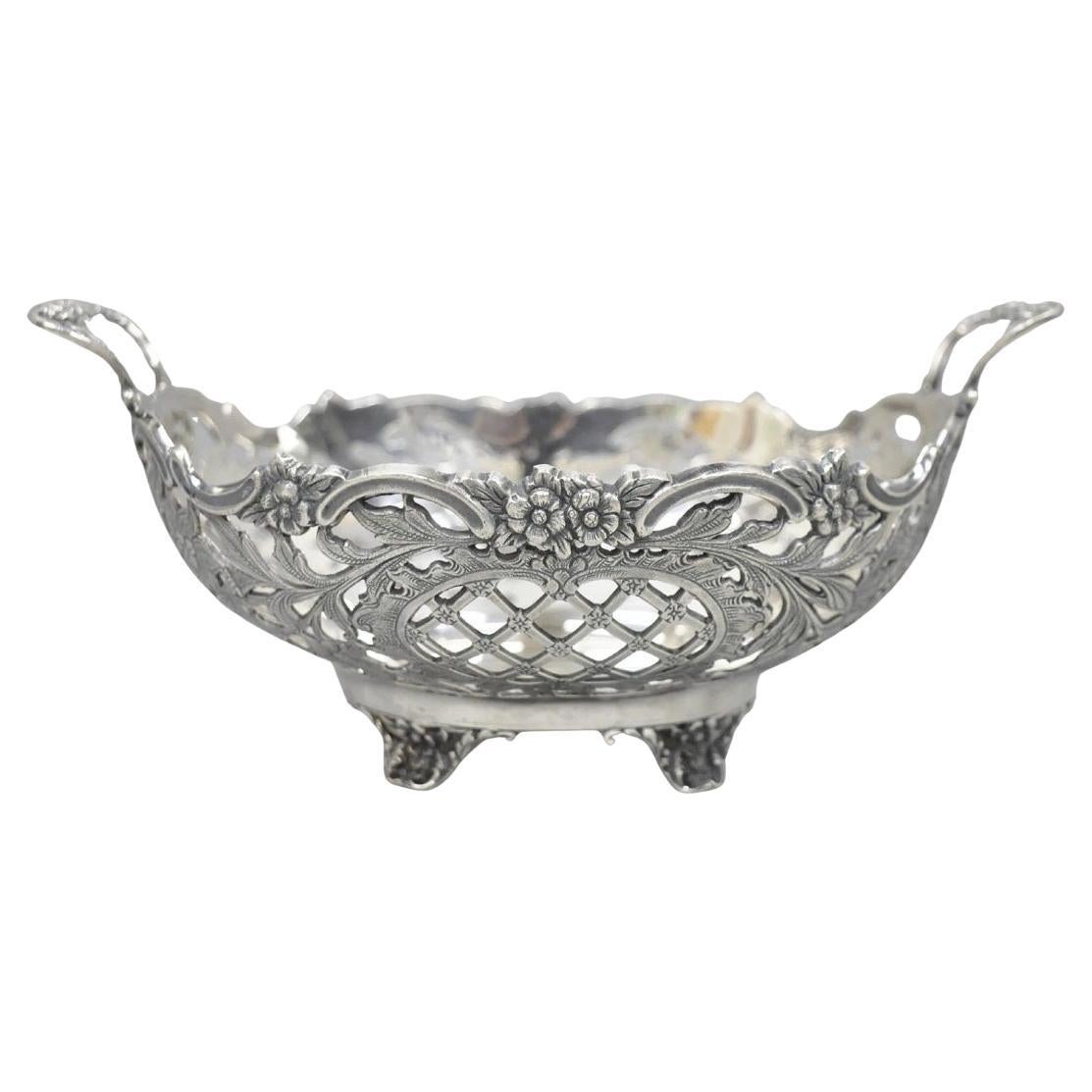 Vintage English Victorian Silver Plated Floral Pierced Small Nut Candy Dishish