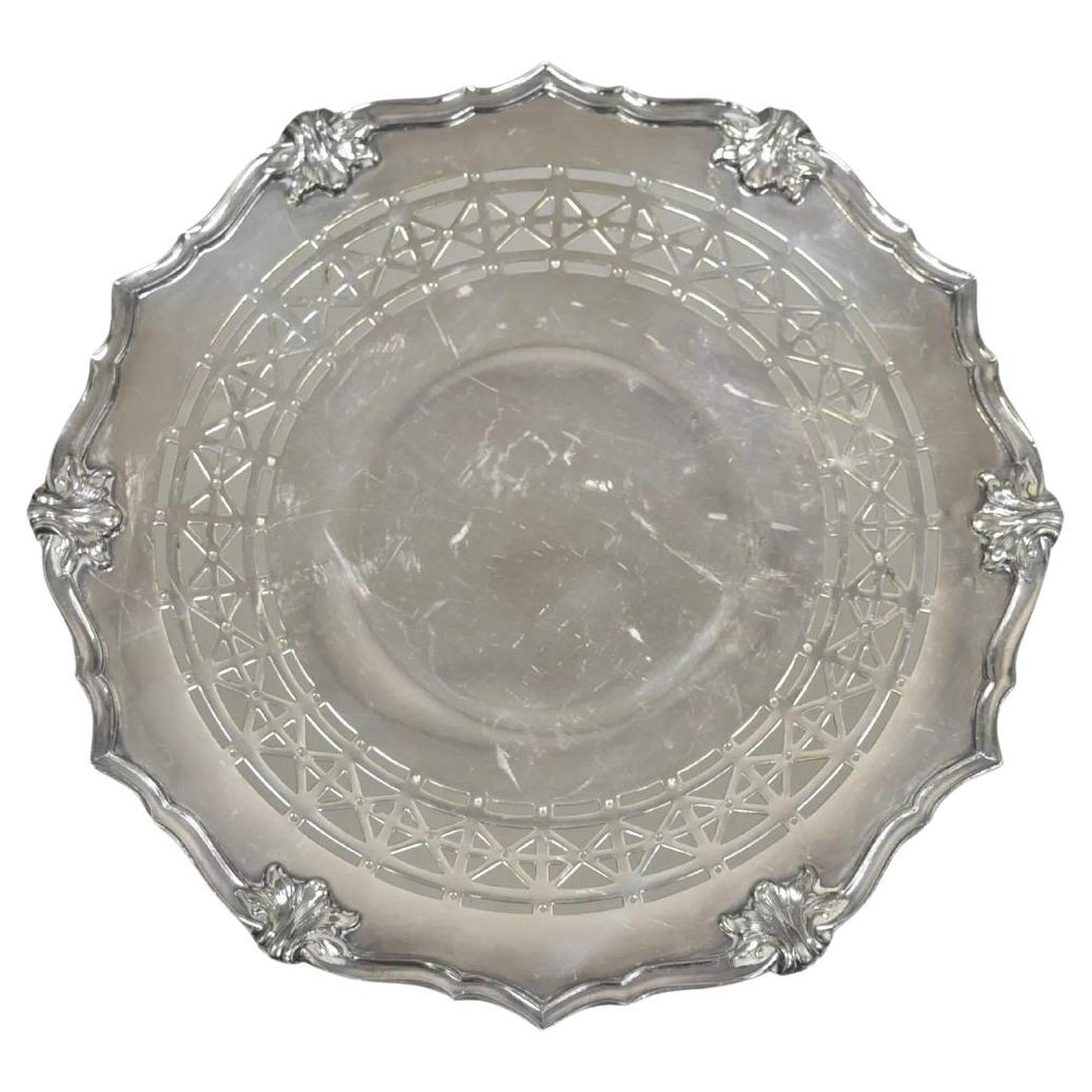 Bandeja vintage inglesa victoriana plateada con pie redondo perforado para servir