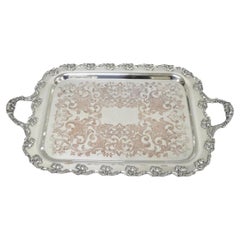 Vintage English Victorian Silver Plated Ornate Footed Serving Platter Bar Tray