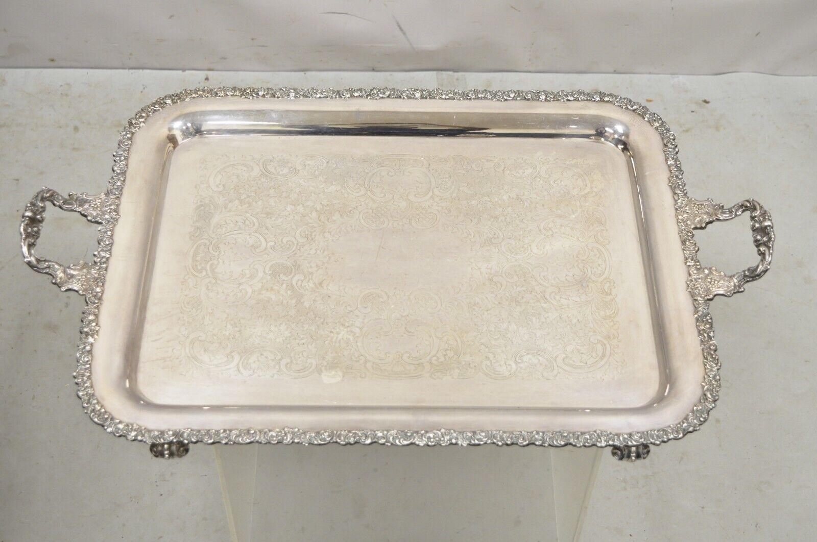 Vintage English Victorian Silver Plated Ornate Twin Handle Serving Platter Tray For Sale 8