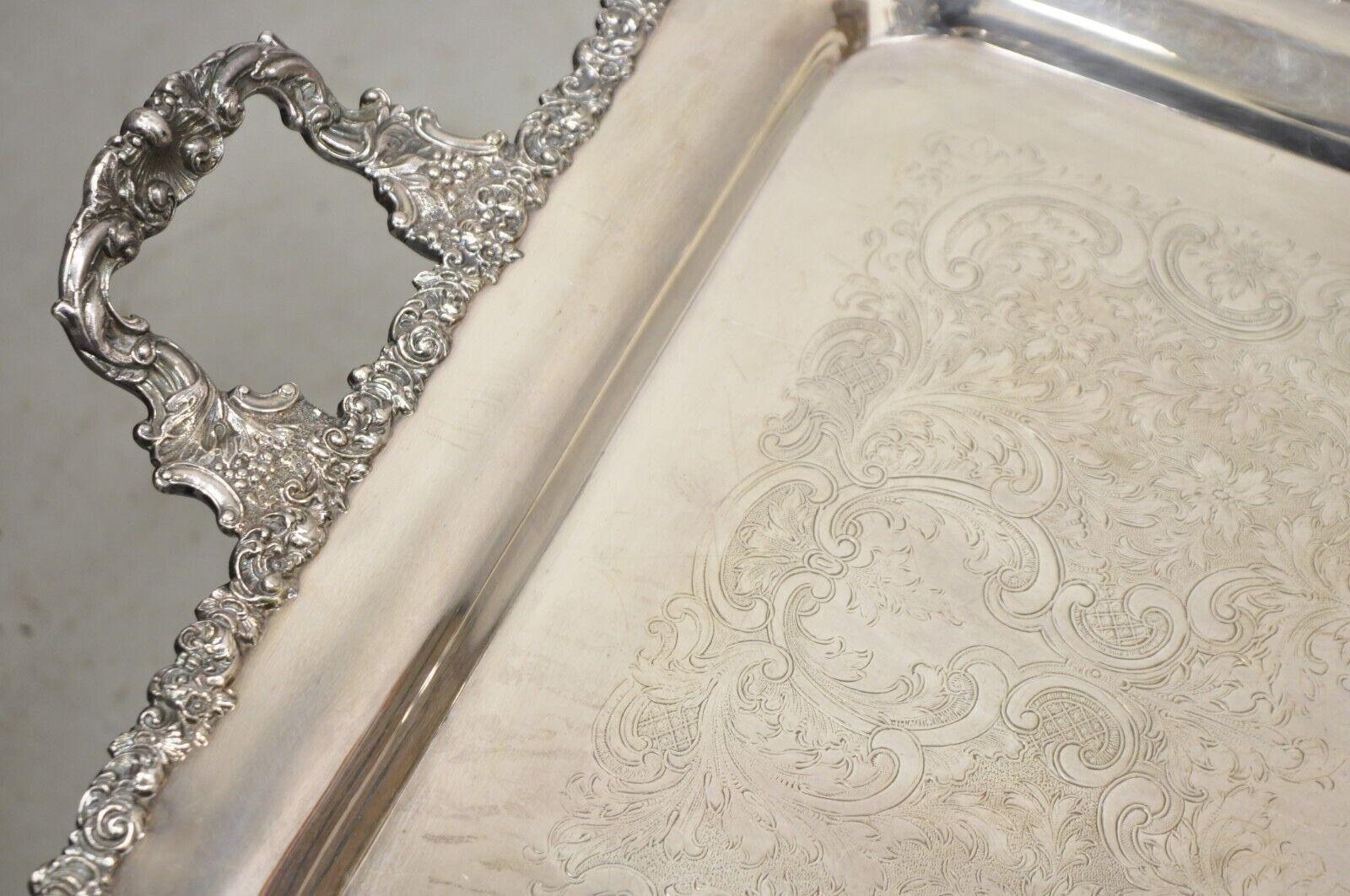 20th Century Vintage English Victorian Silver Plated Ornate Twin Handle Serving Platter Tray For Sale