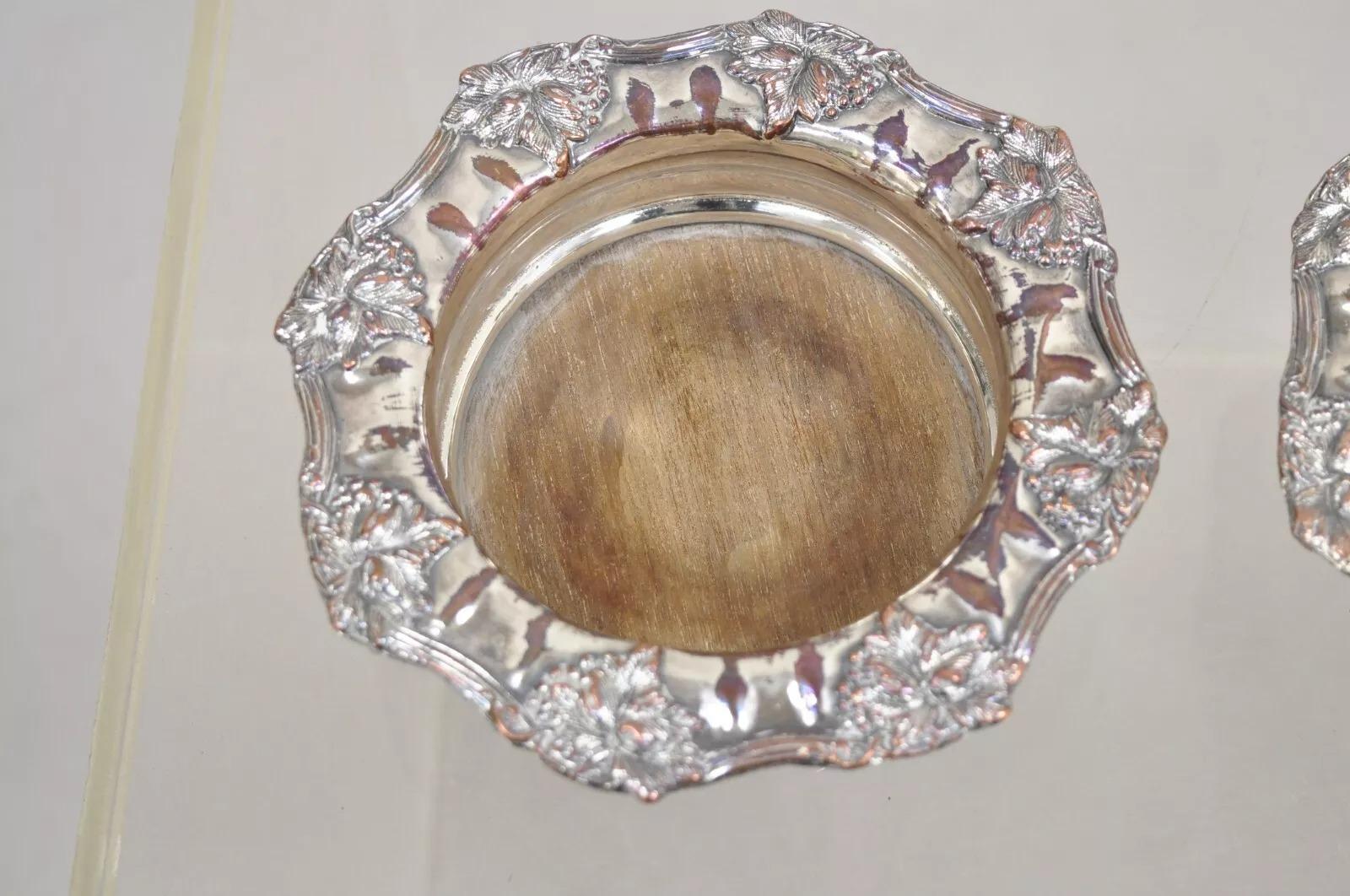 Vintage English Victorian Silver Plated Repousse Wine Coasters - a Pair In Good Condition For Sale In Philadelphia, PA