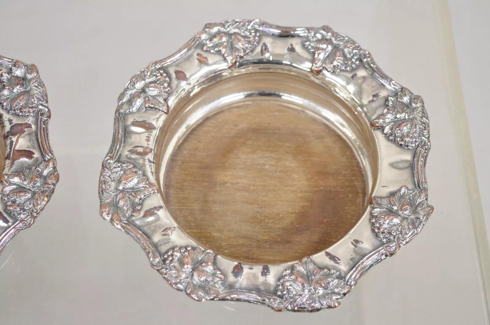 20th Century Vintage English Victorian Silver Plated Repousse Wine Coasters - a Pair For Sale