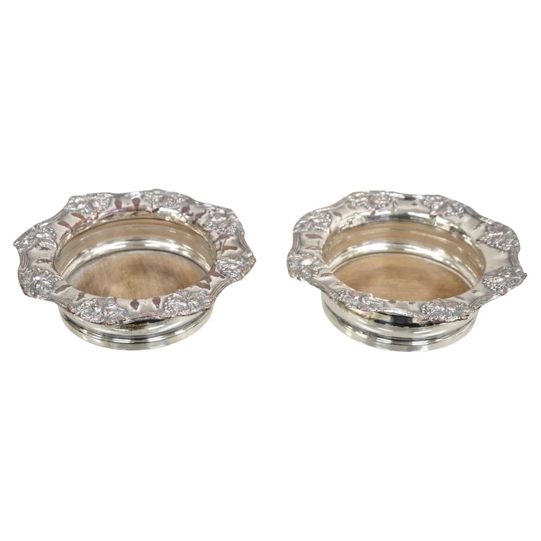 Vintage English Victorian Silver Plated Repousse Wine Coasters - a Pair For Sale