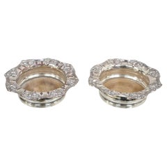 Vintage English Victorian Silver Plated Repousse Wine Coasters - a Pair
