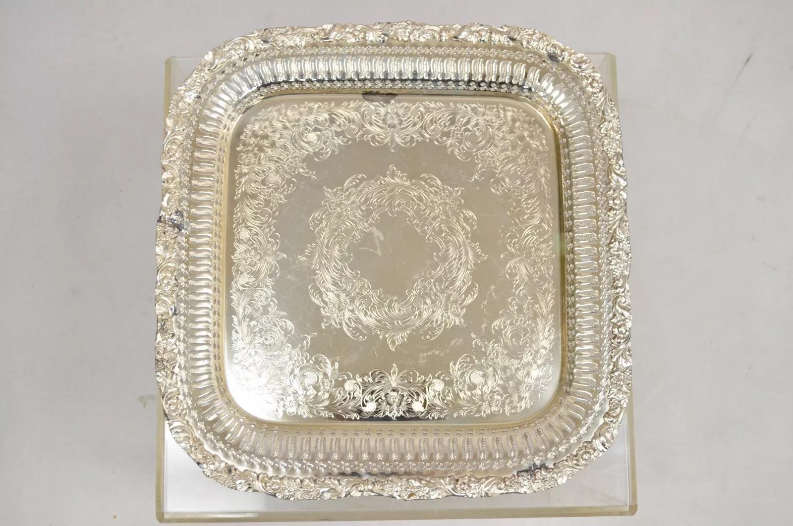 Vintage English Victorian Silver Plated Reticulated Square Servierplatte Tablett im Angebot 3